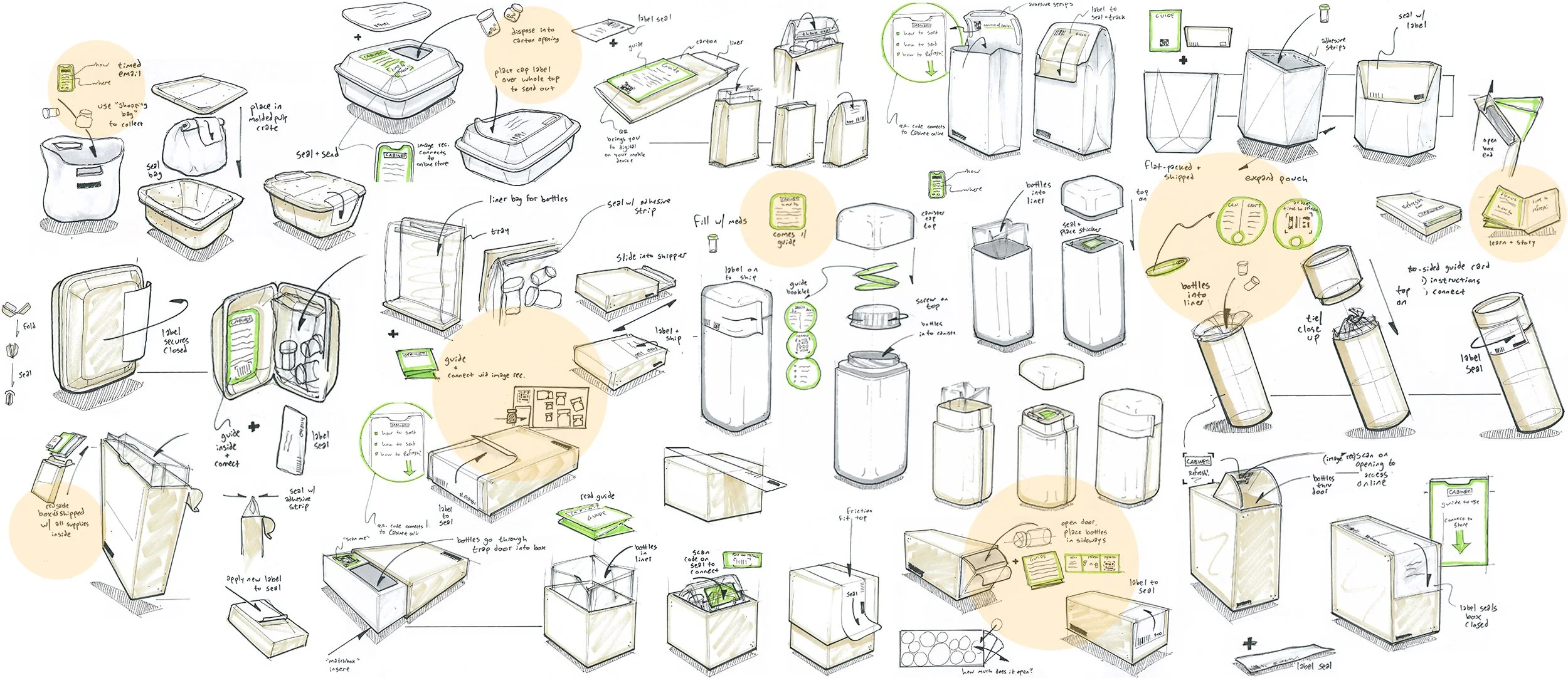 A detailed spread of industrial design sketches for the design of a structural packaging system.