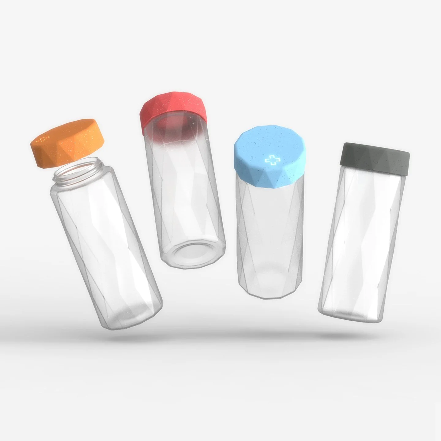 Four empty clear plastic pill bottles with colorful caps (orange, red, blue, gray) isolated on a white background.