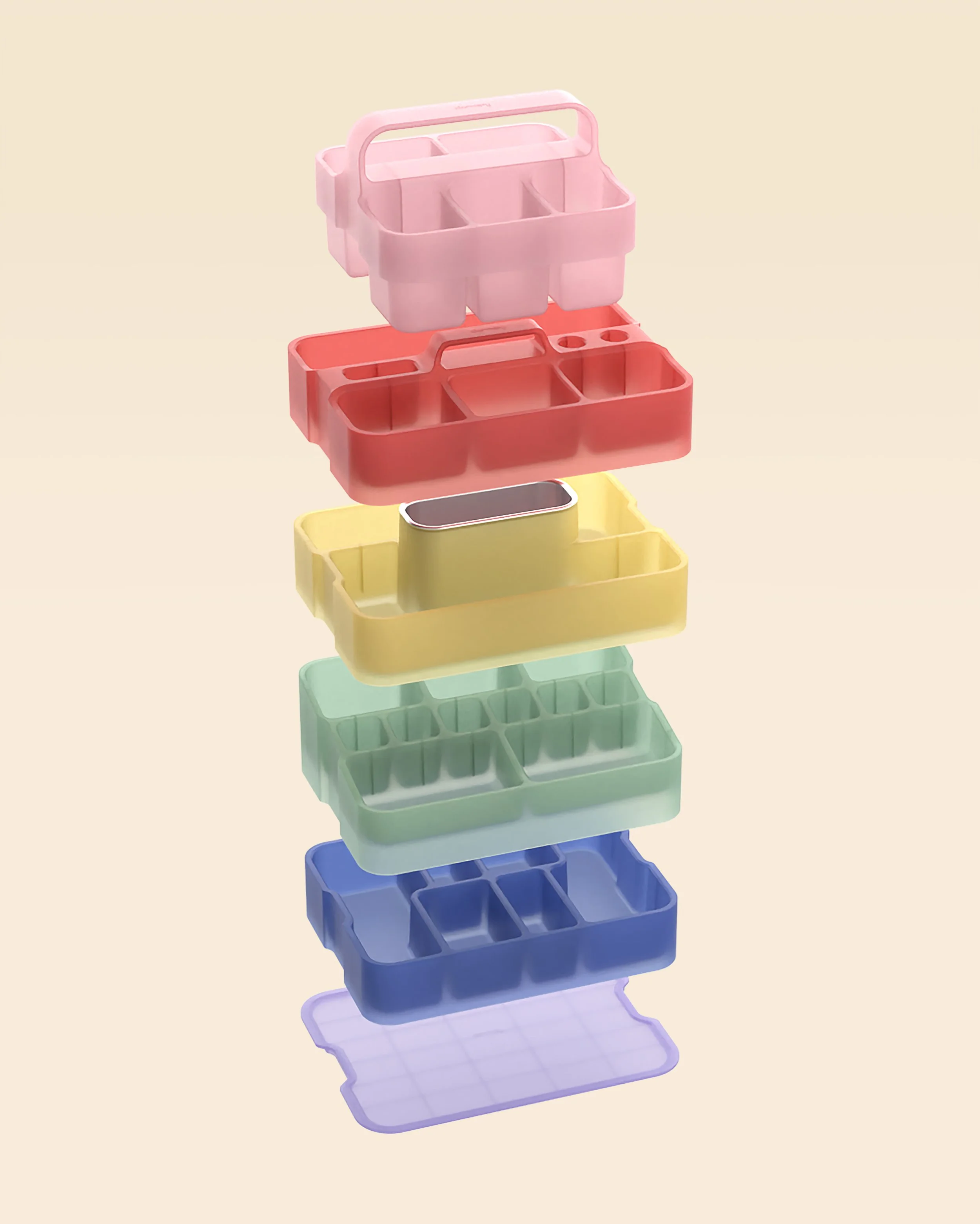 Stacked colorful plastic organizers with multiple compartments, used for storage or organizing small items on a beige background.