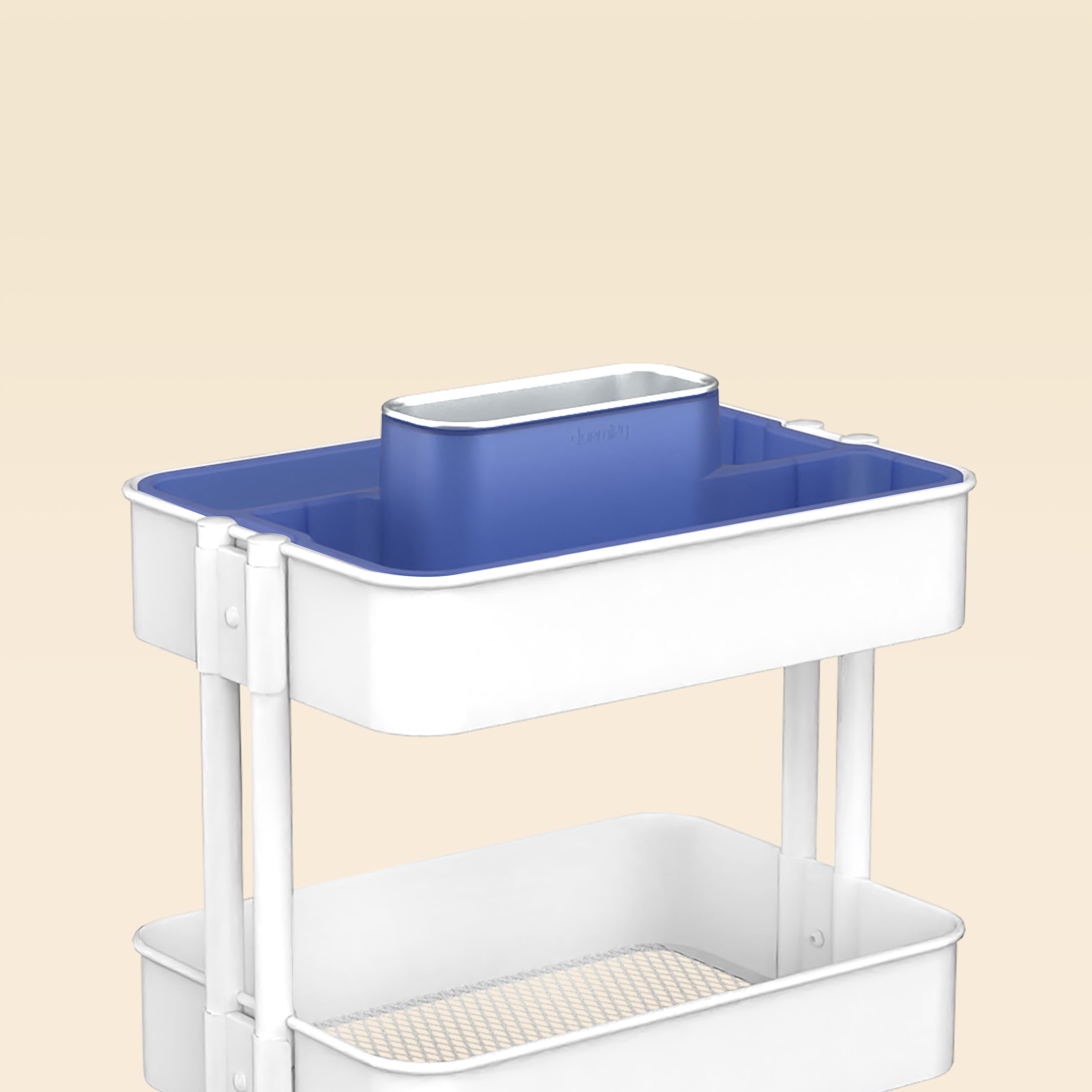 A white multi-tiered plastic cart with a blue removable basin on top and a white shelf below, against a beige background.