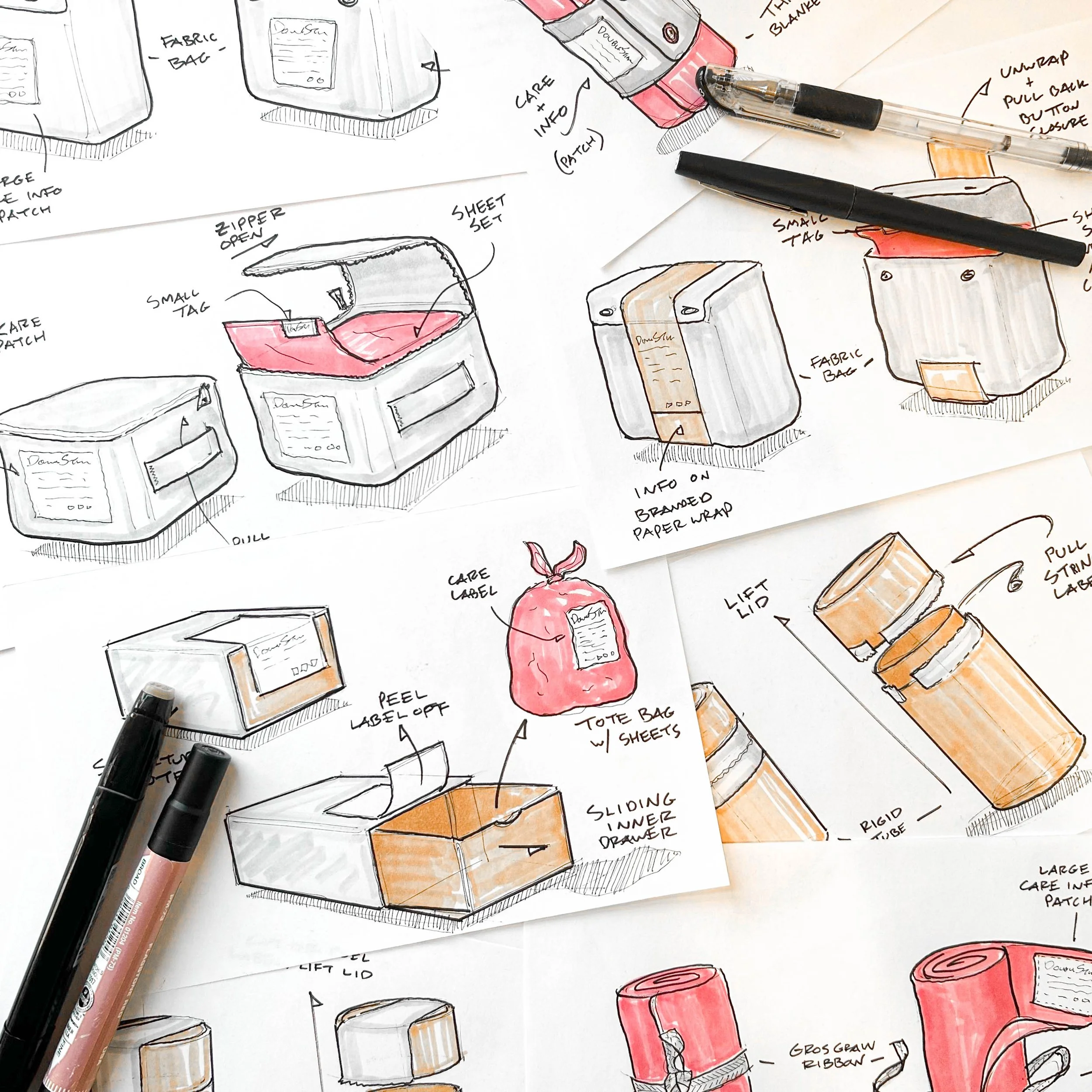 Hand-drawn sketches of packaging designs, including boxes, bags, and containers, with handwritten notes and labels describing features such as care labels, pull tabs, and lift lids.
