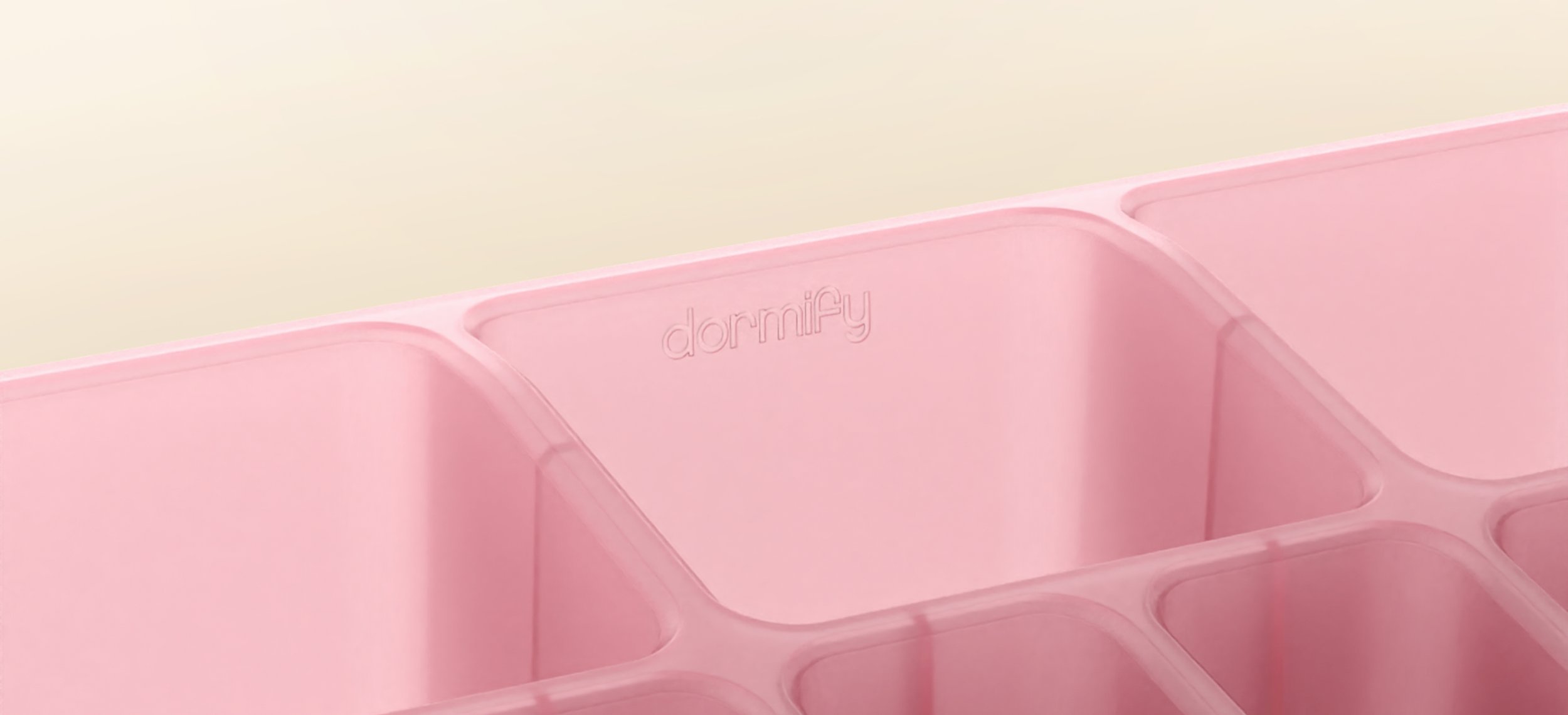 Close-up of a pink storage container with the brand name 'dormify' embossed on the side.