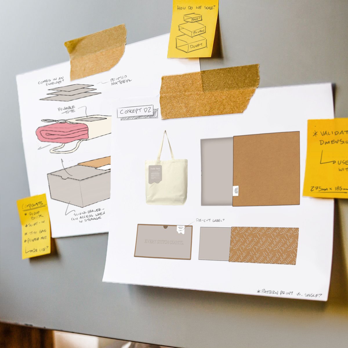 A whiteboard with sketches and notes about packaging design, including diagrams of materials like foam and cardboard, sticky notes with questions and reminders, and a drawing illustrating stacking dimensions.