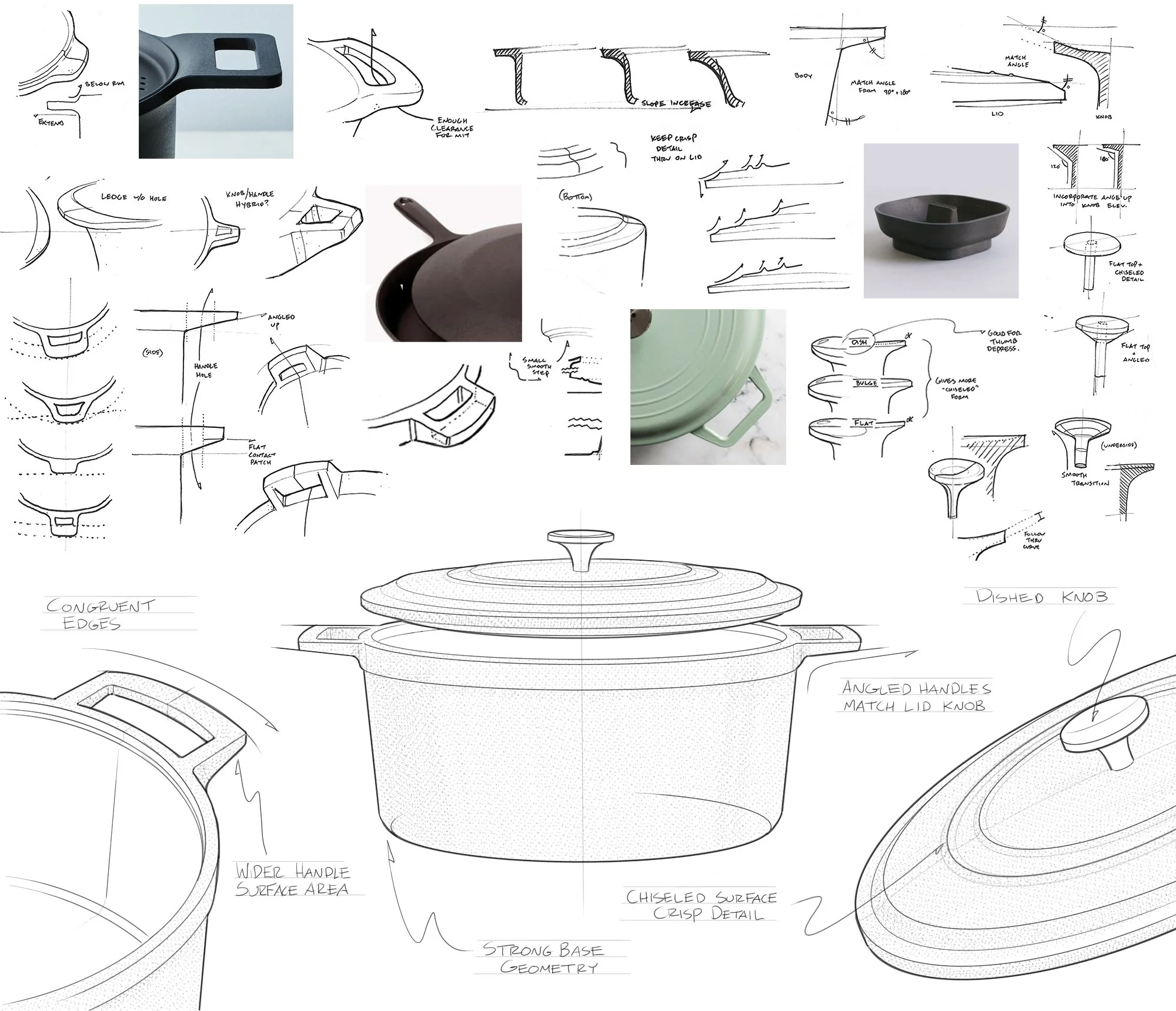 Combination of hand-drawn sketches, photos of cookware with lids, and technical drawings illustrating design details of a cooking pot with a focus on lid handle and knob design.