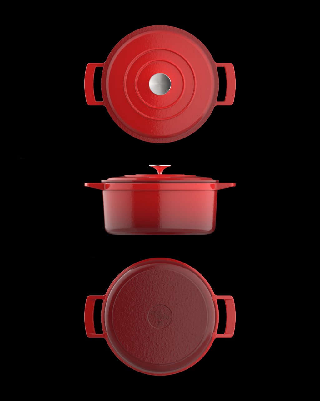 Red cast iron Dutch oven shown from top, front, and bottom views against a black background.