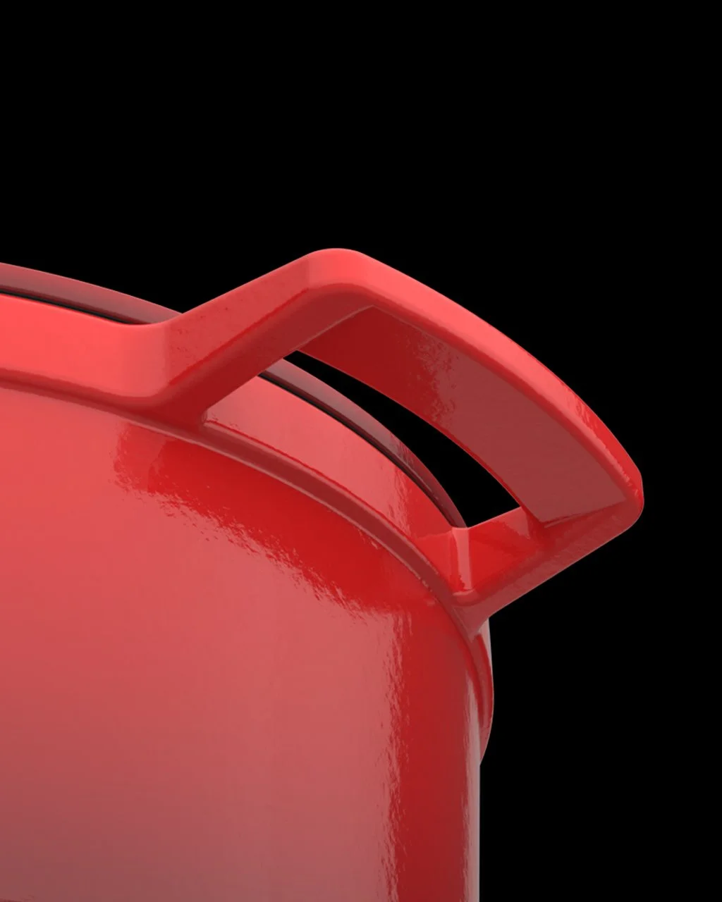 Close-up of a red cooking pot handle on a black background.