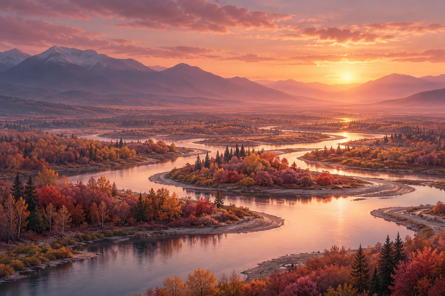 A winding river viewed from above, flowing through an autumn landscape at sunset. Its branching pathways symbolize broader perspectives, changing beliefs, and new possibilities explored through Narrative Therapy and CBT.