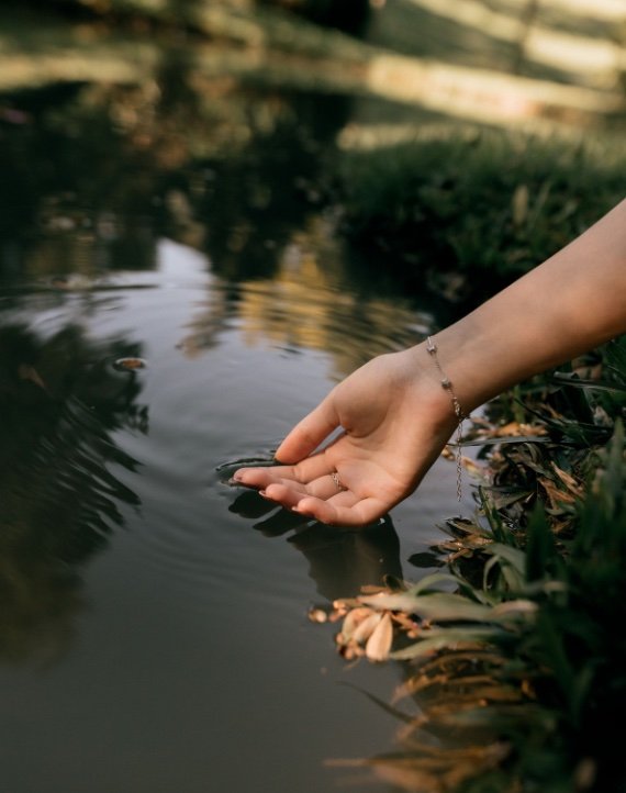 Hand gently touching the surface of calm water, representing somatic therapy and nervous system healing.