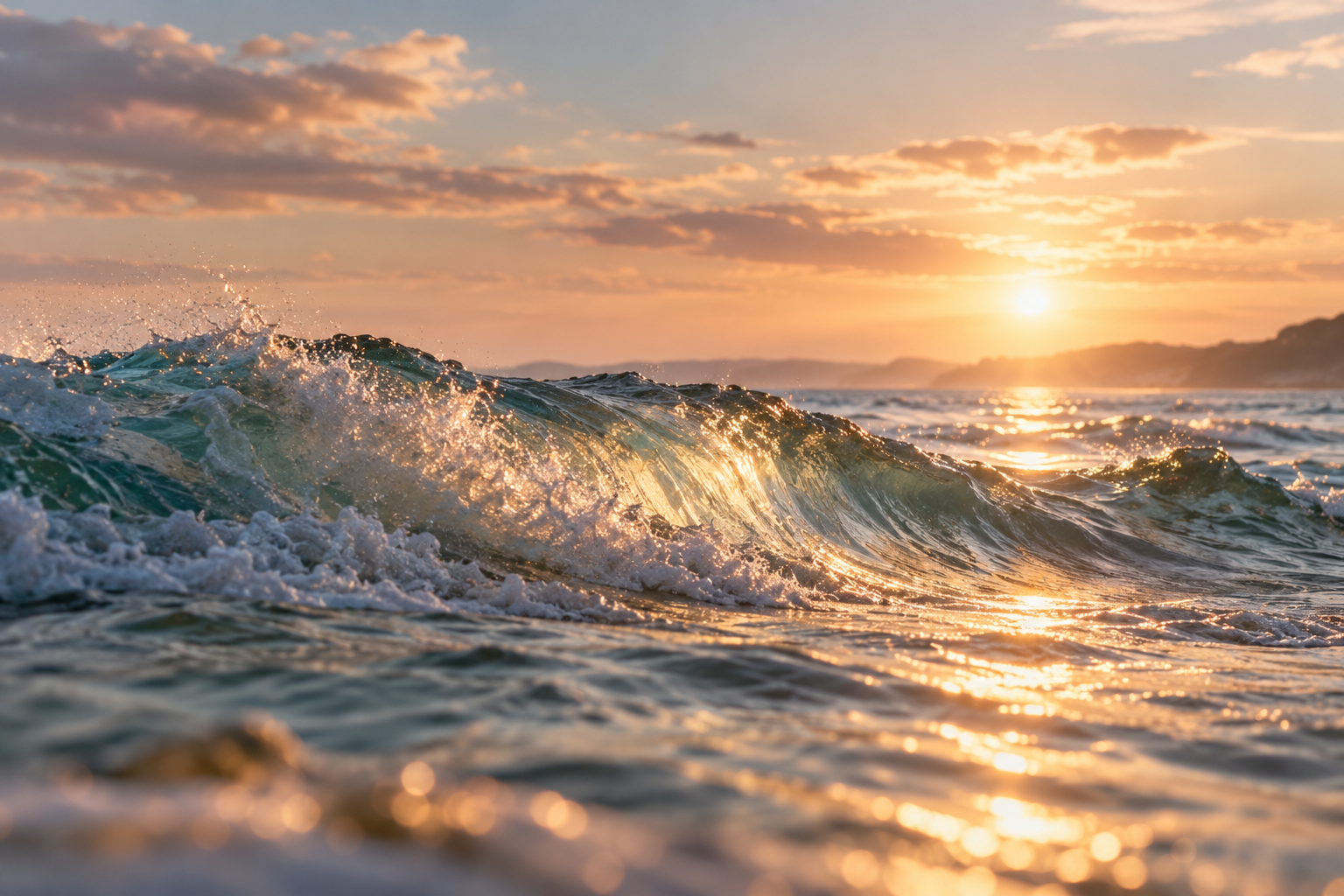 Sunlit ocean waves rolling beneath a warm golden sky, symbolizing the natural movement of emotions and the coexistence of beauty and turbulence in Emotion-Focused Therapy.