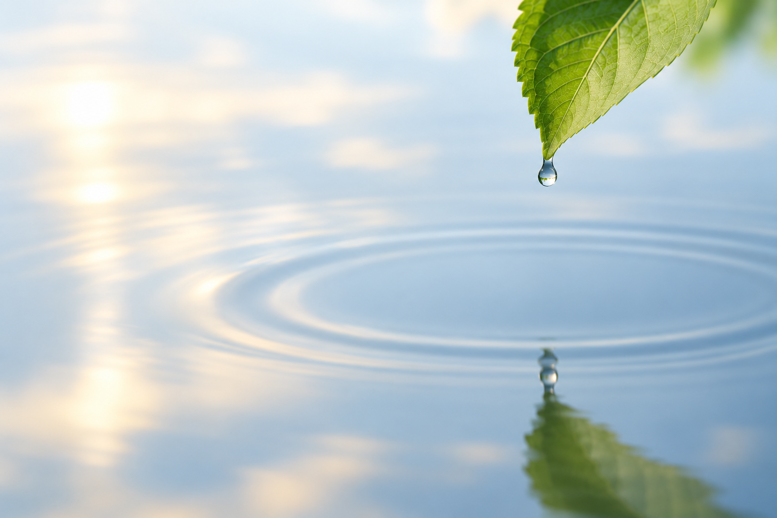 A single water droplet suspended from a green leaf above still water, with soft expanding ripples and a reflection below, symbolizing present-moment awareness, focused attention, and the quiet observation of experience in mindfulness and meditation.