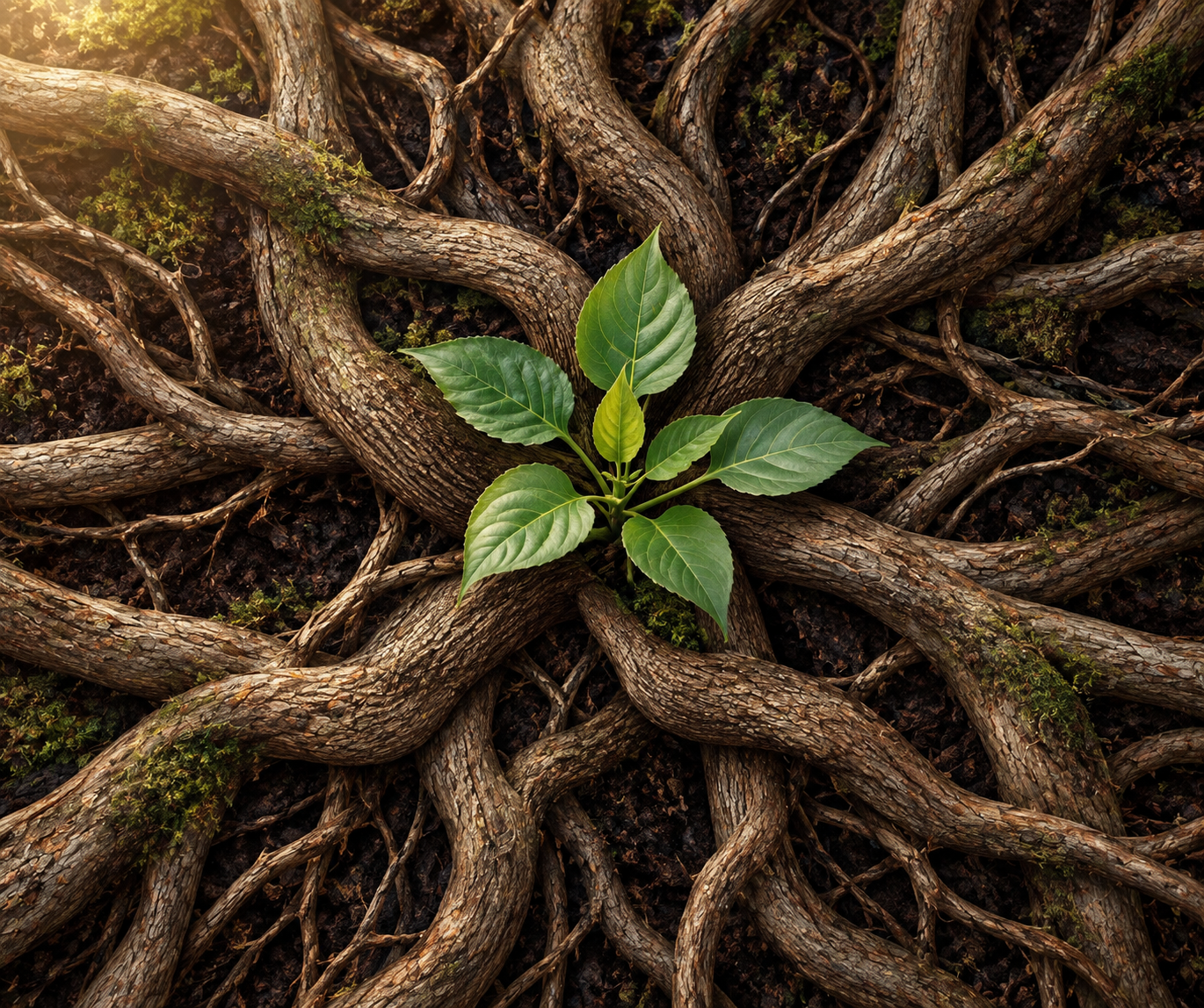 Young green plant emerging from a network of intertwined roots, symbolizing the many parts of ourselves, the roles they carry, and the wholeness at the heart of Internal Family Systems therapy.