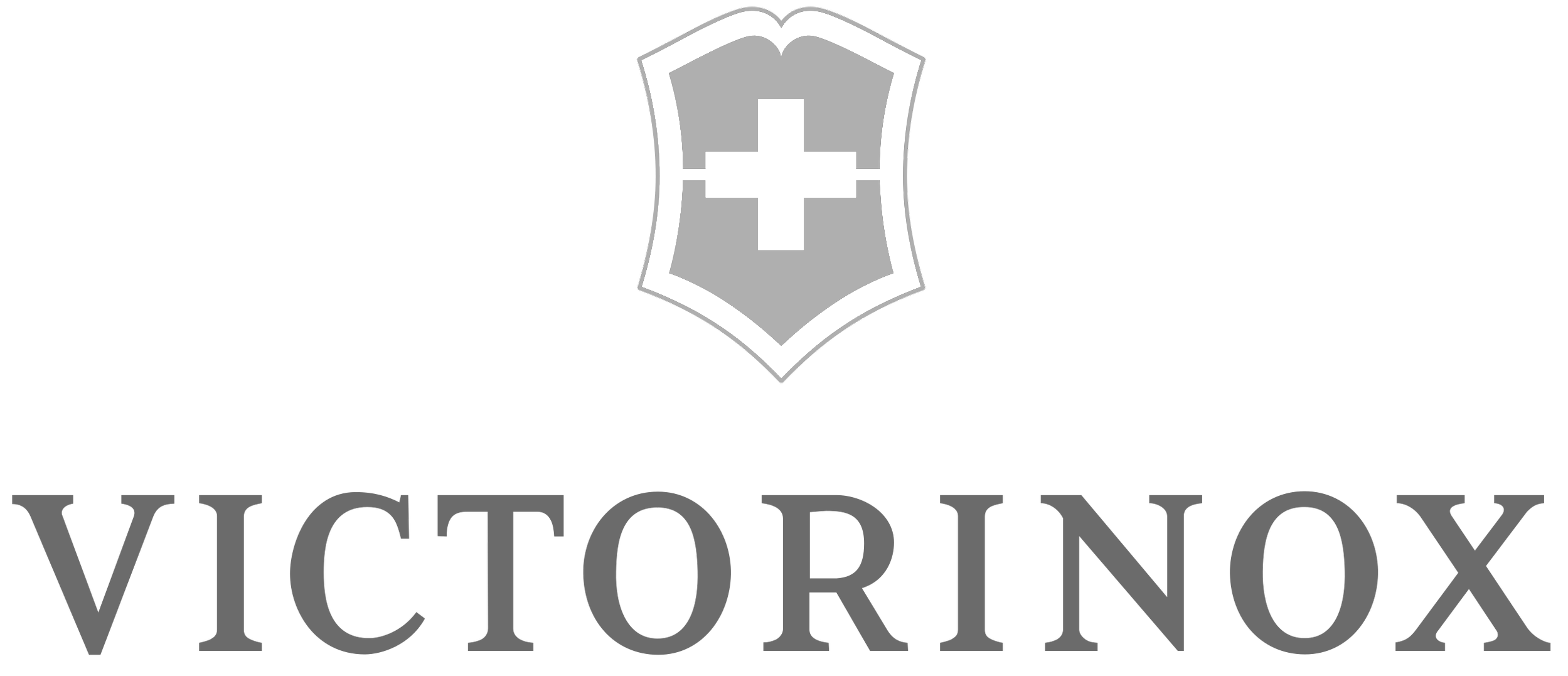 Gray logo with a shield featuring a white cross and the word 'VICTORINOX' underneath.