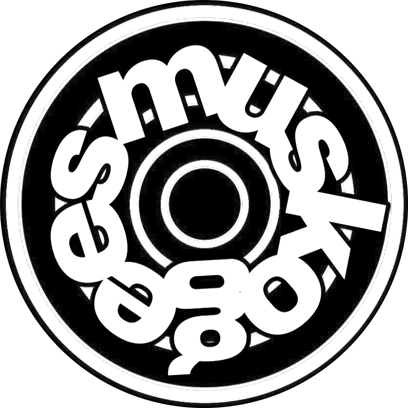 A circular design featuring the phrase 'smyys bagel' in a spiral pattern, with bold white letters on a black background.