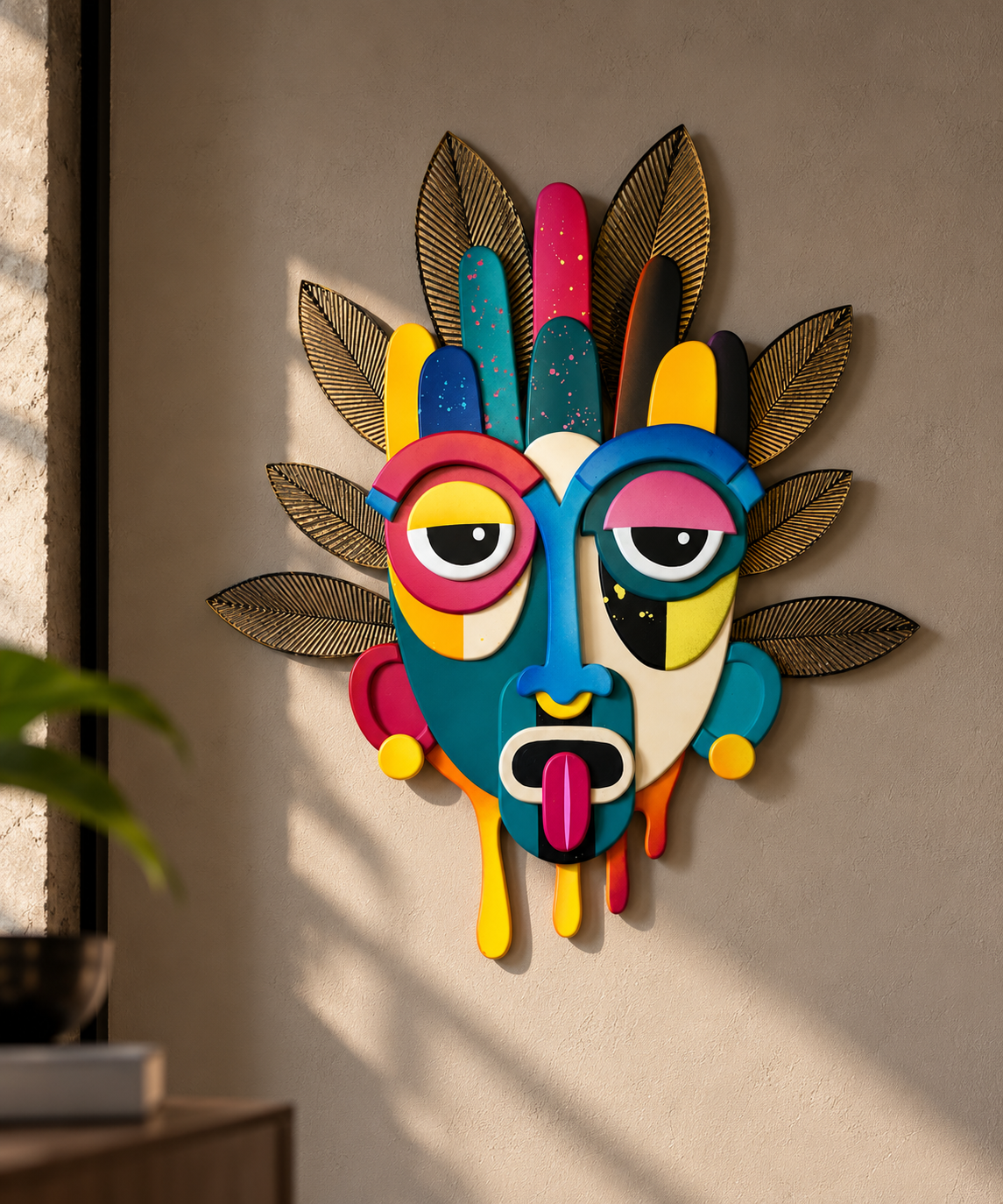 Kleurrijk abstract masker in zonlicht.png