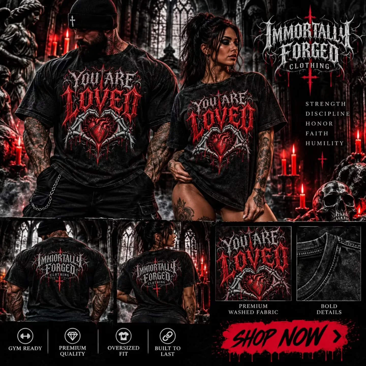 "YOU ARE LOVED" TEE

⚔️ IMMORTALLY FORGED CLOTHING ⚔️

More than gym clothes. More than a logo. A mindset.
IMMORTALLY FORGED CLOTHING was built for the people who understand that strength isn&rsquo;t given to you. It&rsquo;s forged through 