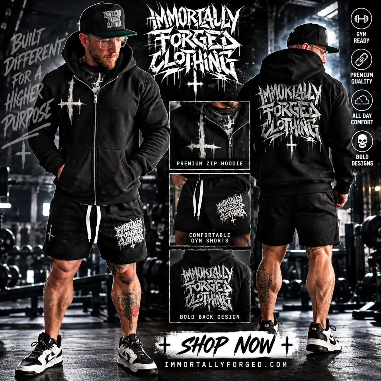 Fleece hoodie with the drawstring mesh shorts! Look good while you train!  Pick it up today! 

⚔️ IMMORTALLY FORGED CLOTHING ⚔️

More than gym clothes. More than a logo. A mindset.
IMMORTALLY FORGED CLOTHING was built for the people who understand th
