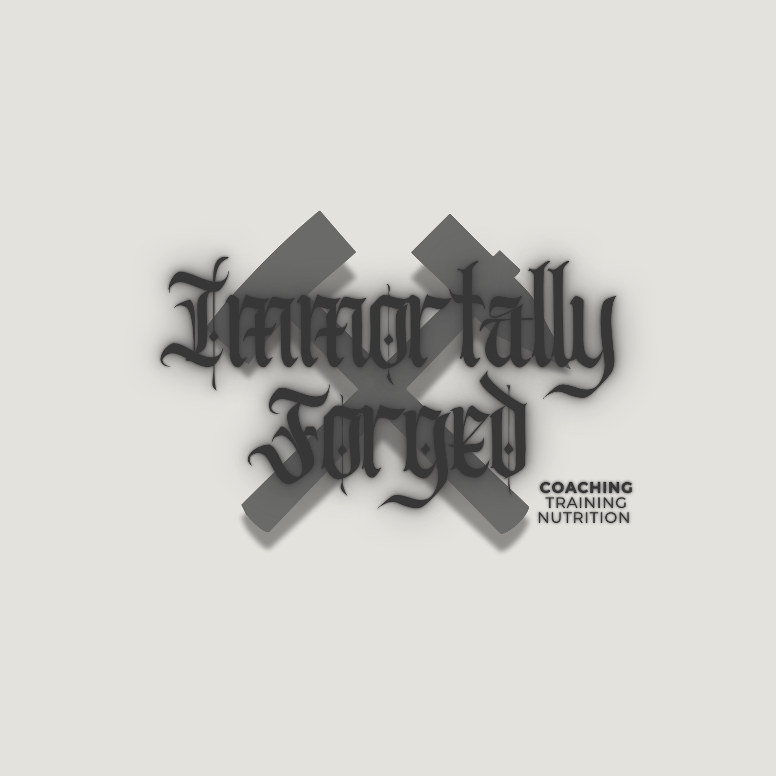 Logo with crossed dumbbells and gothic font text reading "Lateral Tally Forged" and smaller text "Coaching Training Nutrition".