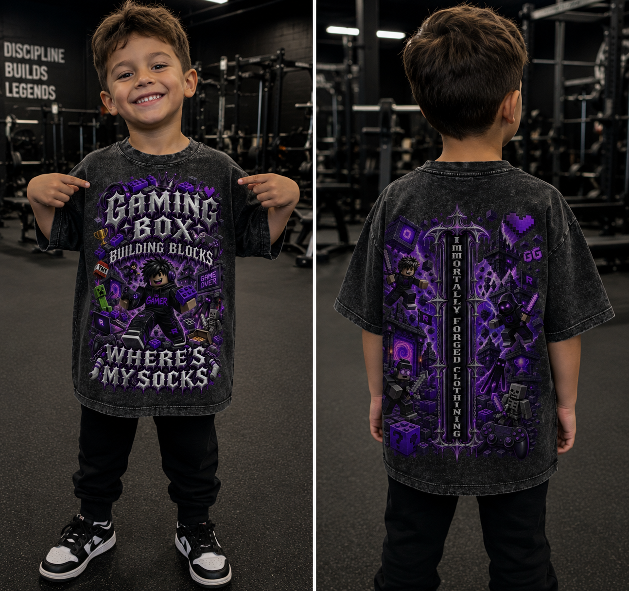 A young boy smiling and pointing at his shirt showing gaming-themed artwork in a gym, with a back view of the shirt displaying pixel art, gaming icons, and the phrase 'I mortally forged clothing'.
