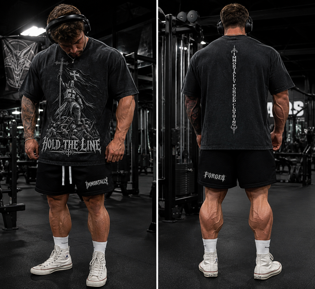 A man with muscular legs is standing in a gym, wearing a black graphic T-shirt, black shorts, white high-top Converse sneakers, and white socks. The front of his shirt features a medieval knight on a hill, holding a flag, with the text 'Hold the Line'. The back of the shirt has vertical text 'Immortally Forged Clothing'. The gym equipment and dark surroundings are visible in the background.