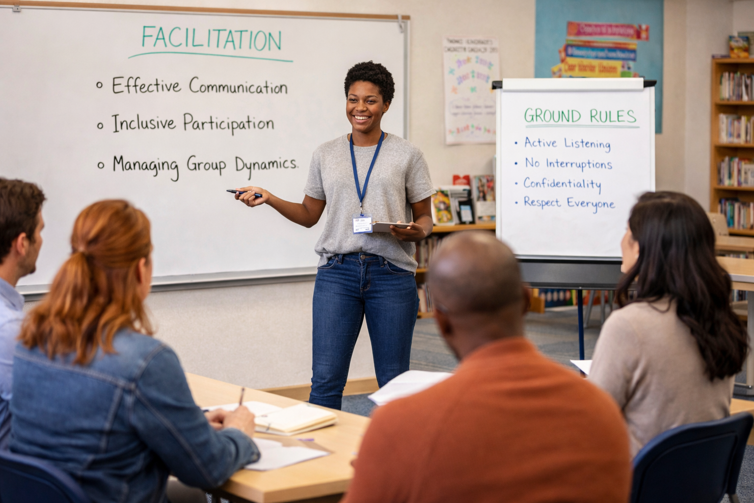 A diverse group of people in a classroom listening to a woman giving a presentation. The woman is standing in front of whiteboards with notes on facilitation and ground rules, smiling, while the audience takes notes.