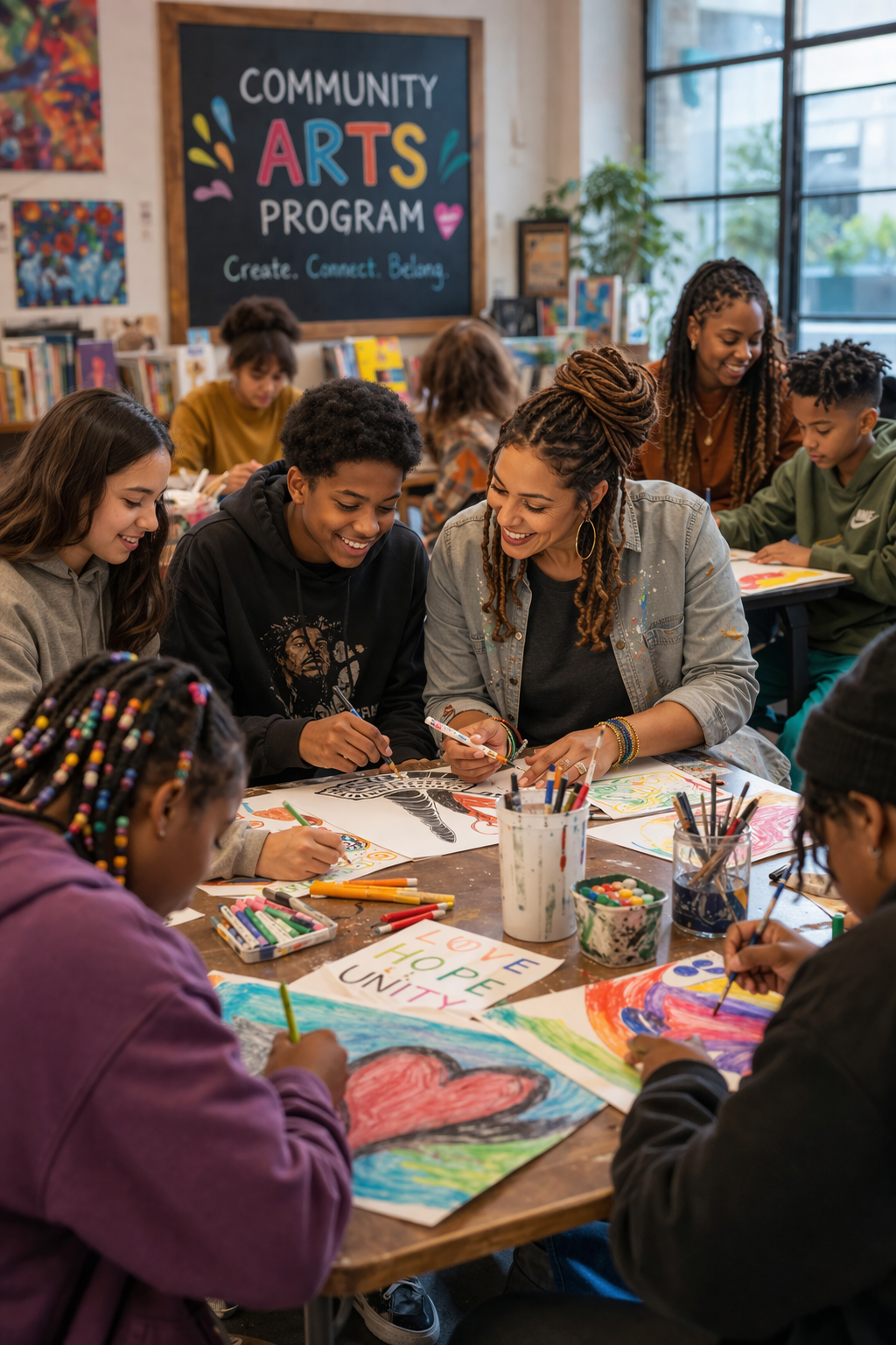 Children and adults engaging in arts and crafts at a community arts program, with a blackboard in the background that reads "Community Arts Program: Create, Connect, Belong."