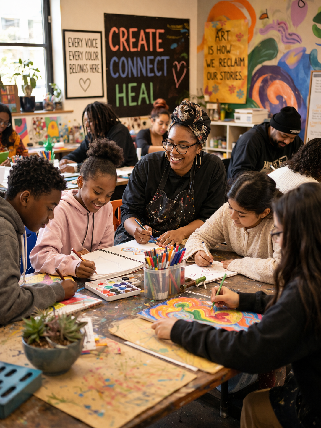 People in an art classroom creating colorful artwork, smiling, with motivational posters on the walls.