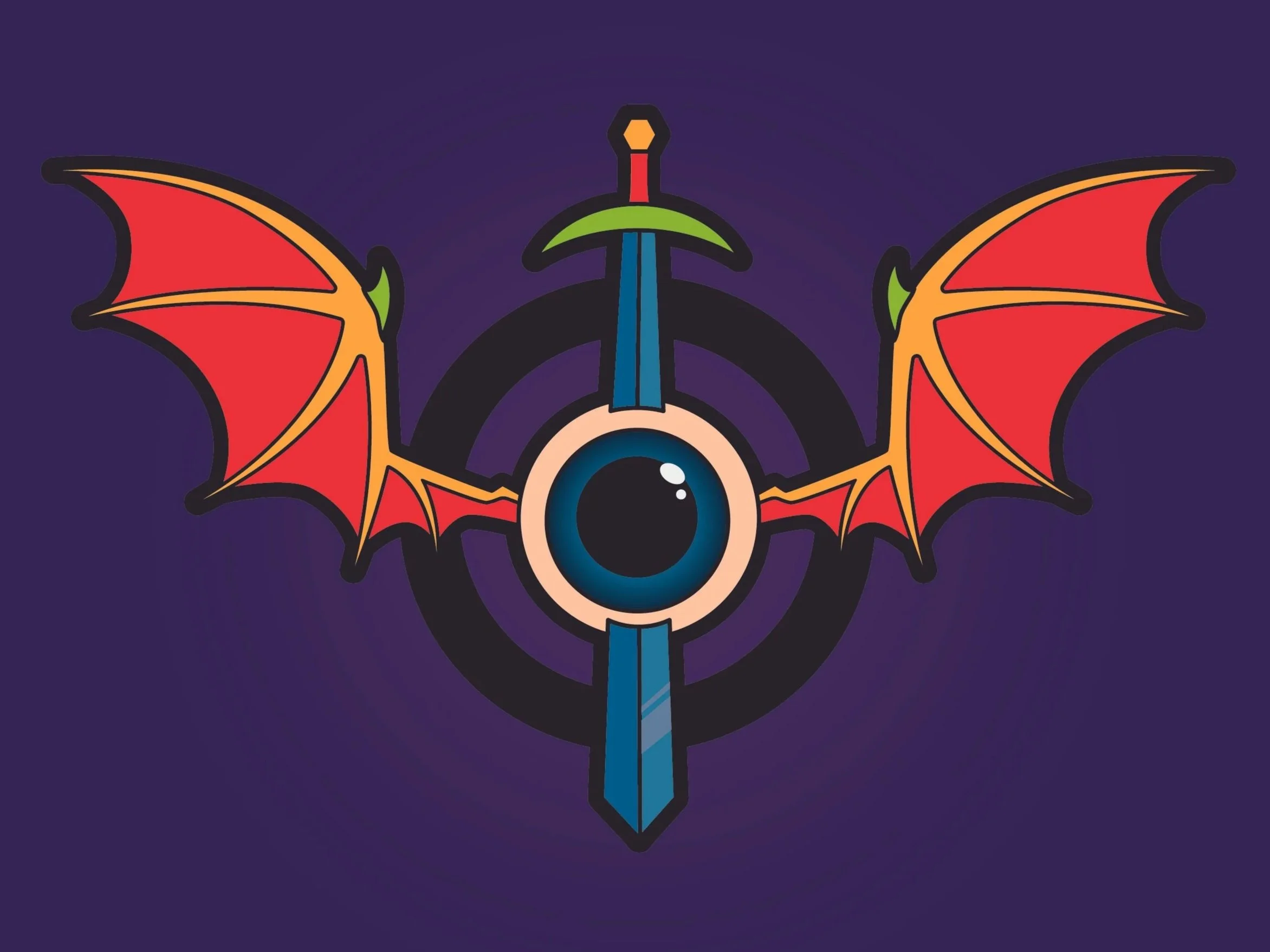 A digital illustration of a fantasy creature with a large eye at the center, bat-like red wings with orange veins, a sword piercing through the eye, and a circular target behind it, all set against a dark purple background.