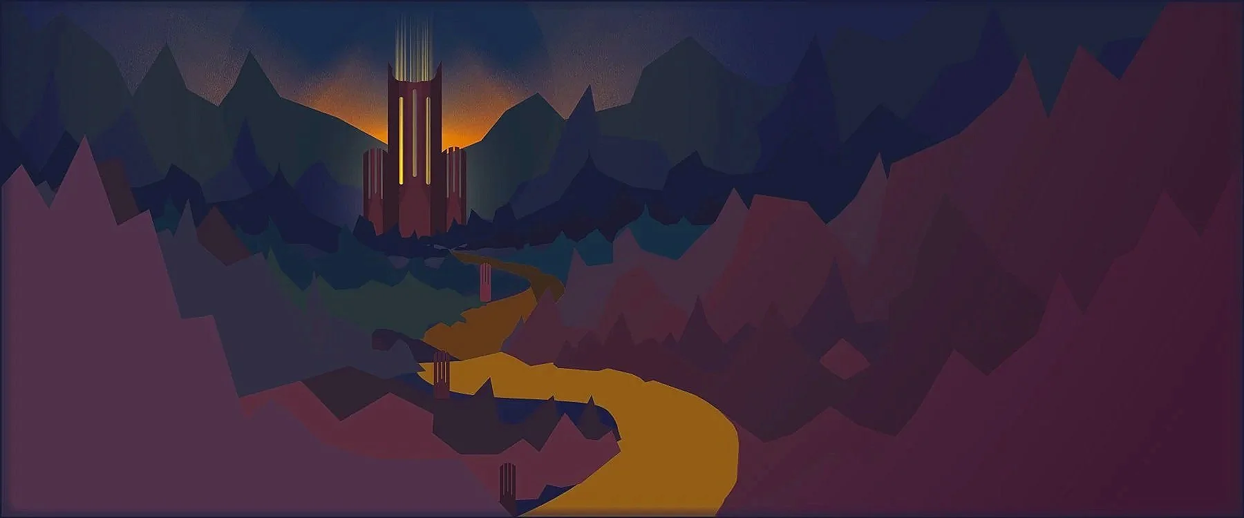 A digital art depiction of a landscape with a winding yellow path through purple mountains toward a castle-like structure with tall spires, set against a dark mountain range under a sunset sky.