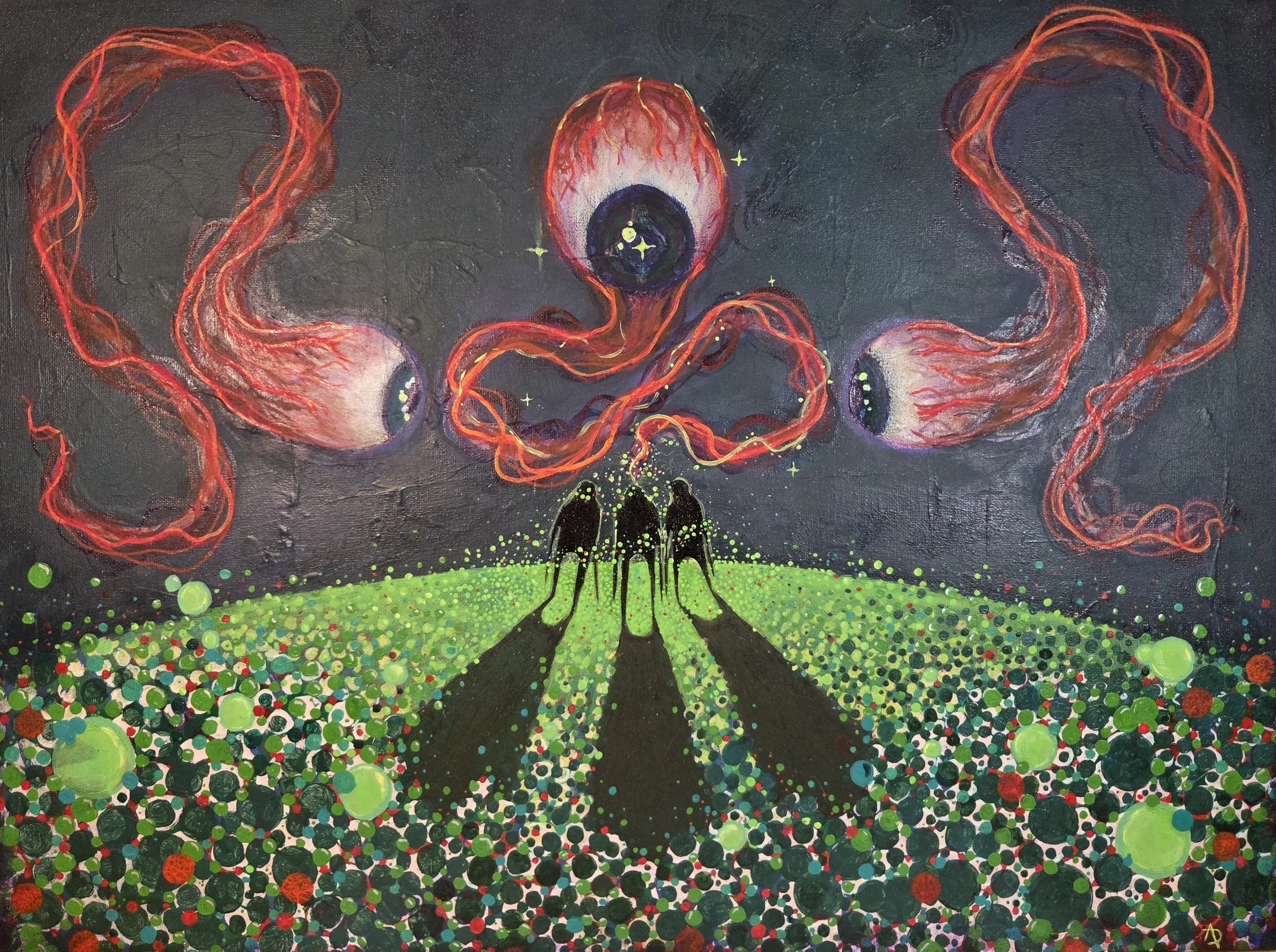 Abstract surreal painting of three large eyeballs with fiery red tendrils extending from the eyeballs into a dark sky. In the foreground, three black figures stand on a vibrant green and multicolored dotted field. The scene has a cosmic and otherworl