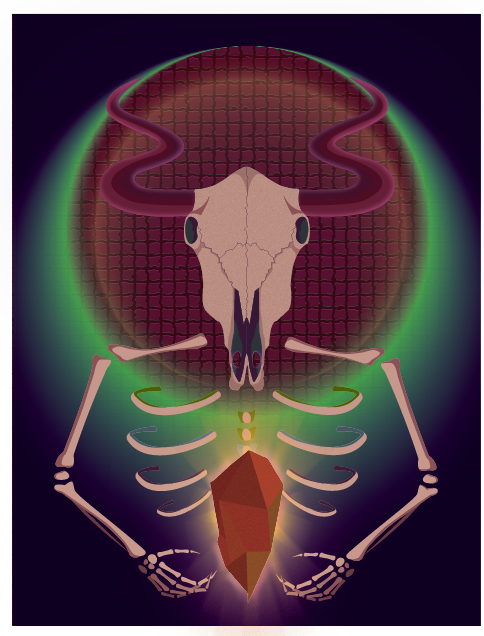 A digital illustration of a skull with horns, set against a neon green and purple circle background, with skeletal arms and a crystal-like object in front.