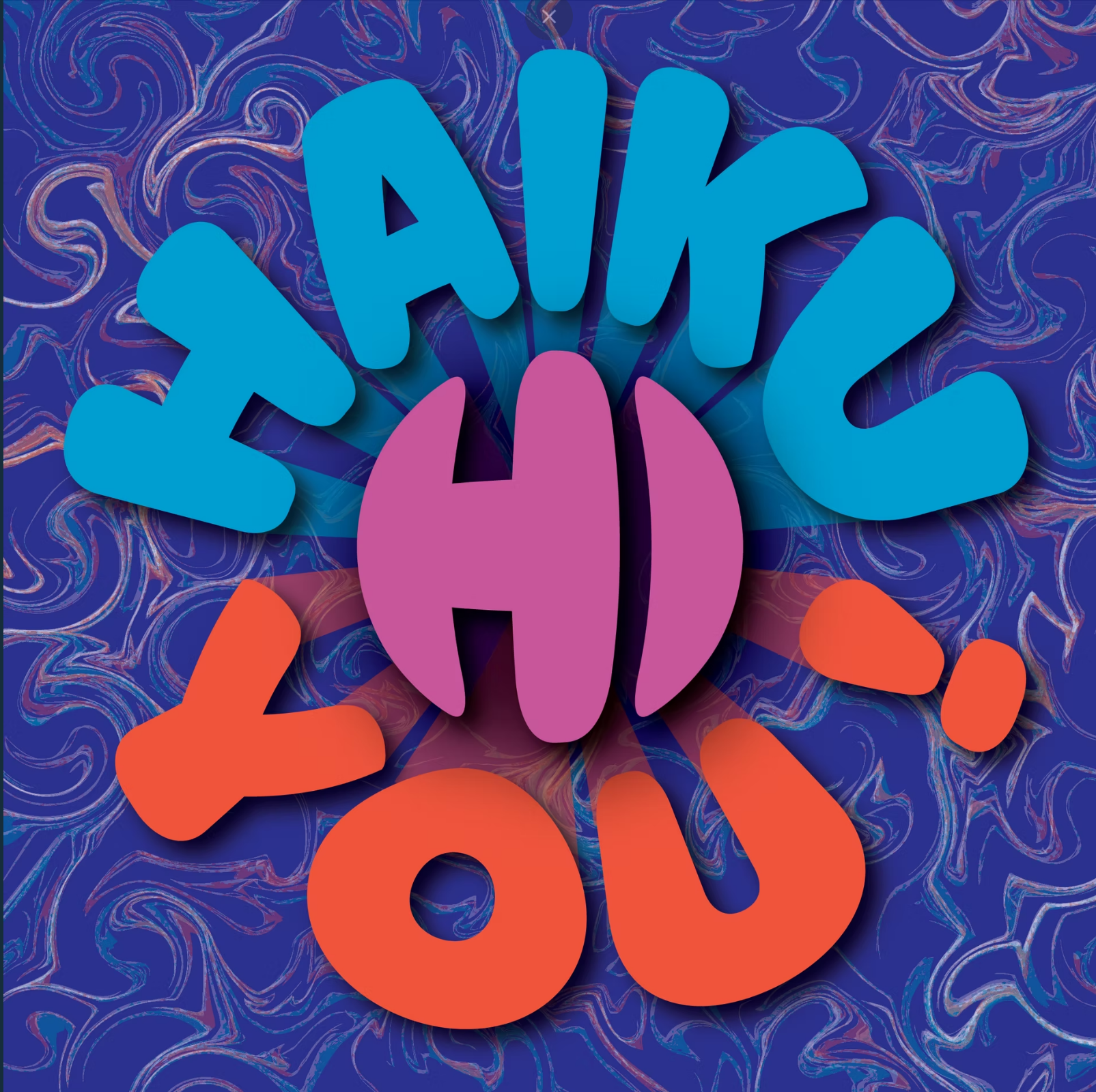 Colorful artistic display with large bubble-style letters spelling 'EACH', centered over a marbled blue and purple background.