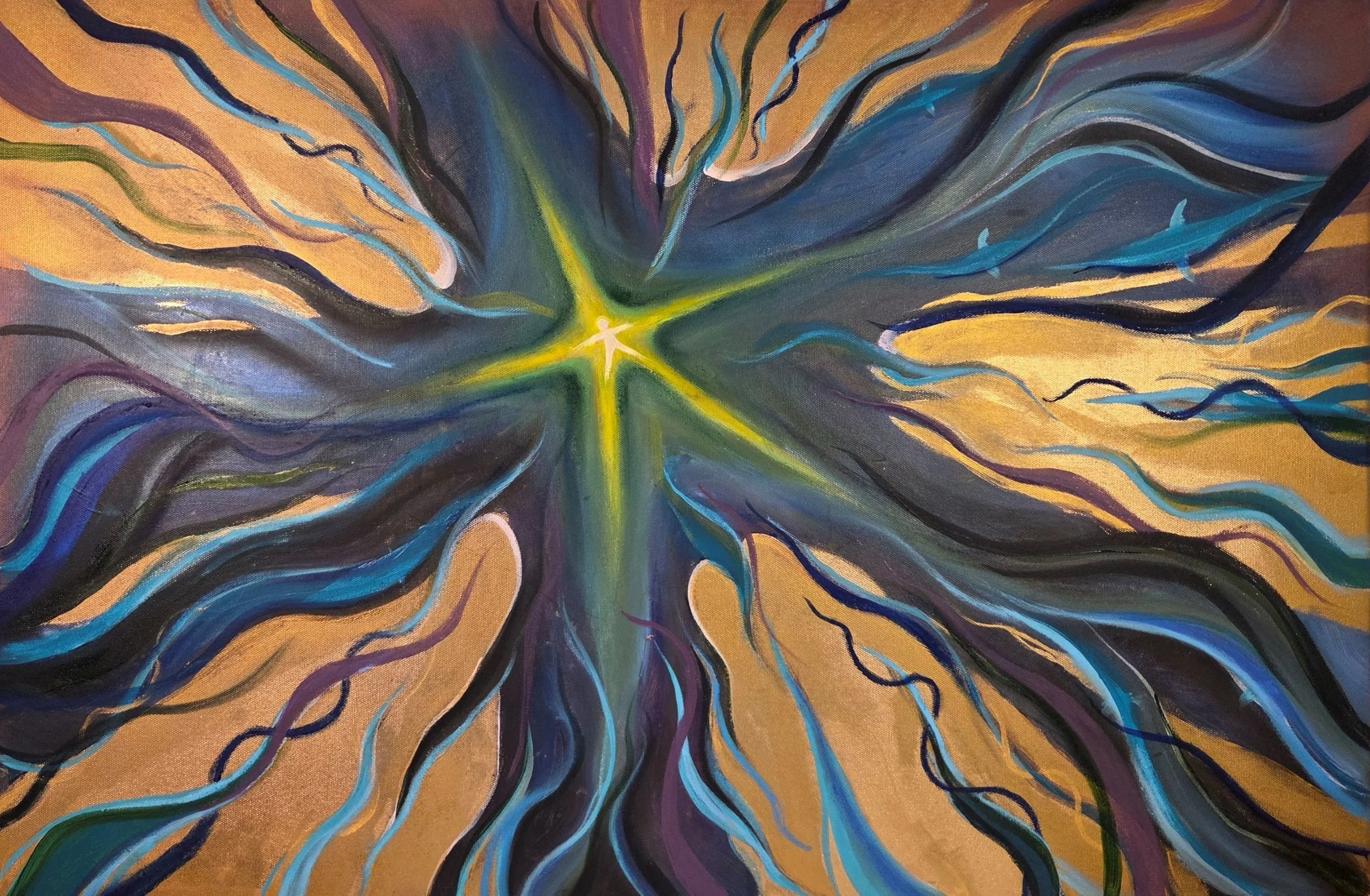 Abstract painting with multicolored flowing lines radiating from a bright yellow star shaped human at the center on a gold background.