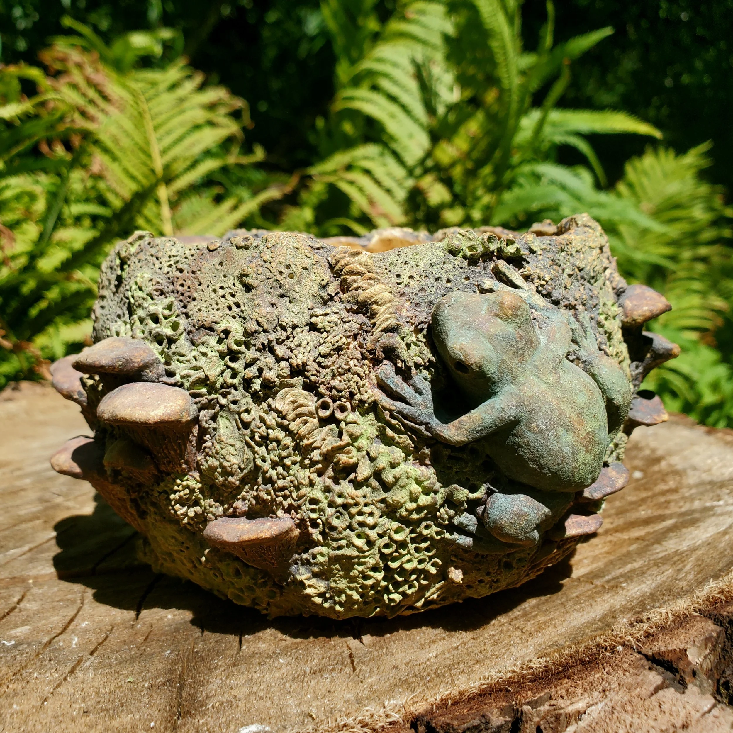 A ceramic sculpture with a carved frog, and moss & mushroom textures, resting on a wooden surface with green ferns in the background.