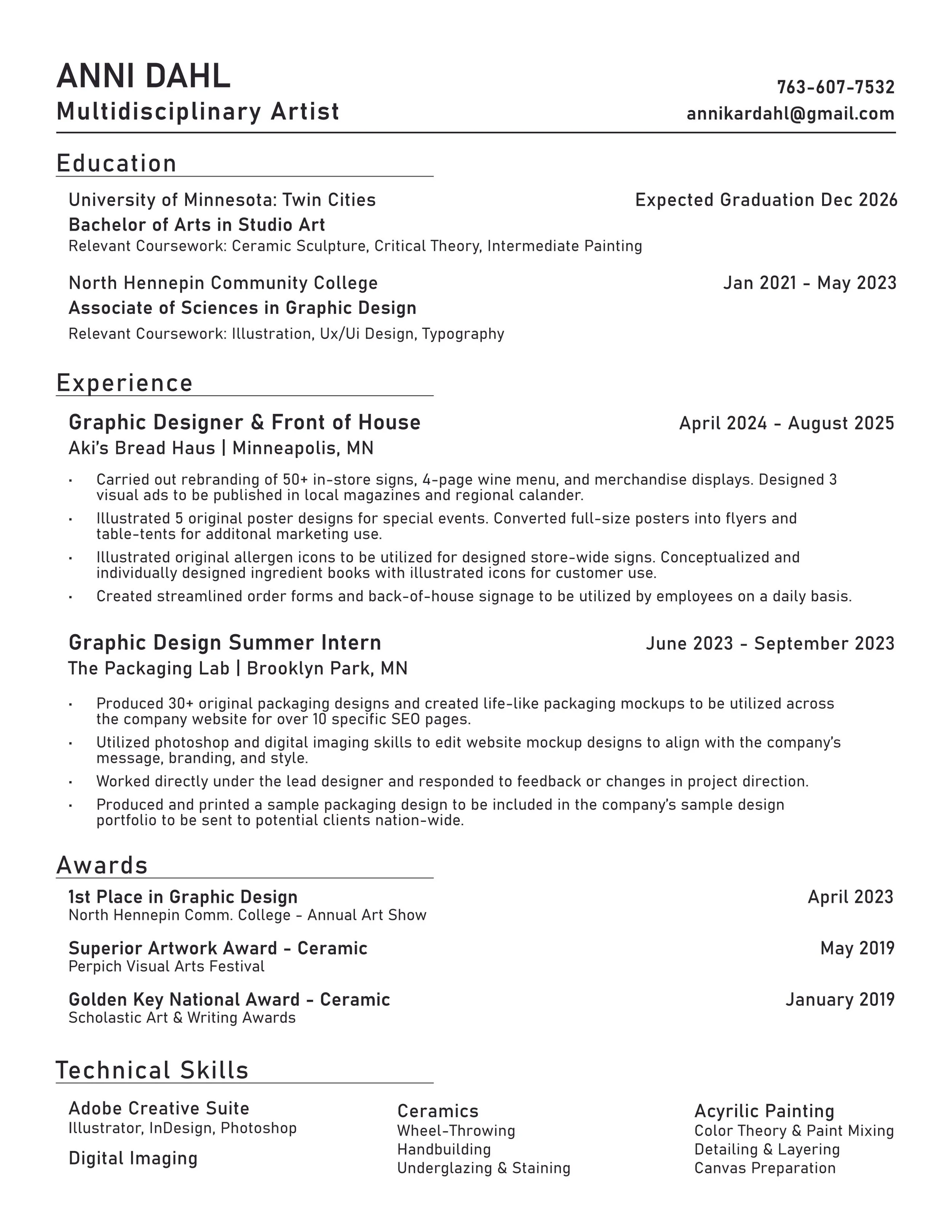 A resume for Anni Dahl, a multidisciplinary artist, includes contact information, education, experience, awards, and skills, highlighting their work in graphic design, illustration, ceramics, and painting.