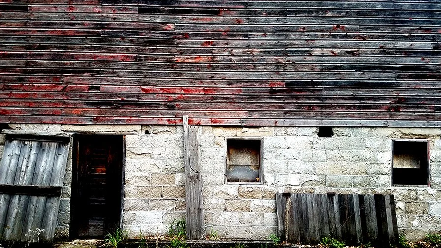 An old, weathered barn with a rusted metal roof, broken wood panels, and cracked stone walls with unfinished window openings.
