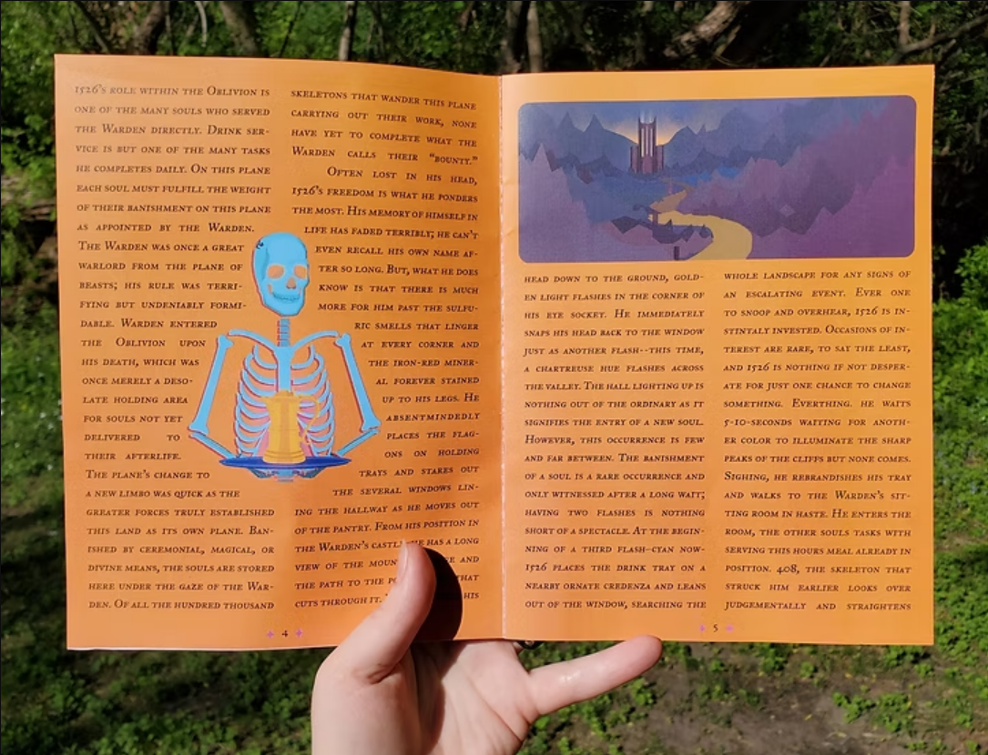 Open book with orange pages, one side features a blue cartoon skeleton and blue text, the other side has a landscape illustration of a castle with purple mountains and yellow river, and a block of text, set outdoors with trees in the background.