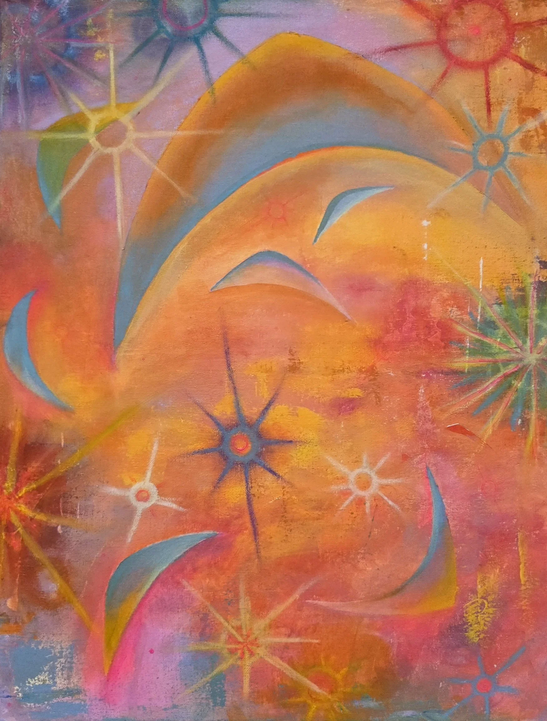"Sun Sprites", acrylic and oil pastel on canvas, 18"x24", 2026 
SOLD
