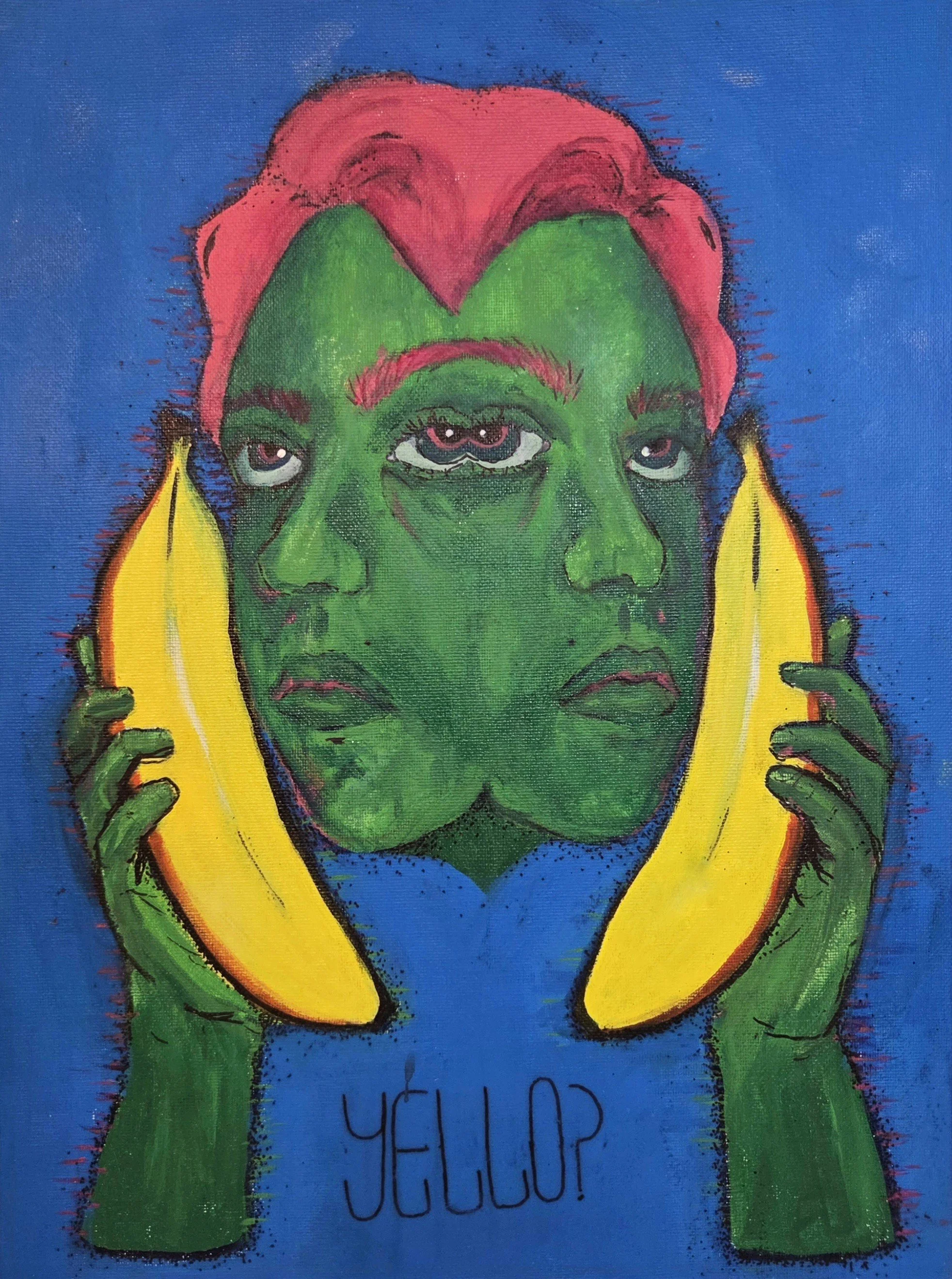 A surreal painting of a green-skinned person with three eyes, pink hair, holding two yellow bananas to their ears, with the word 'YELLO?' written below in black. The background is blue.