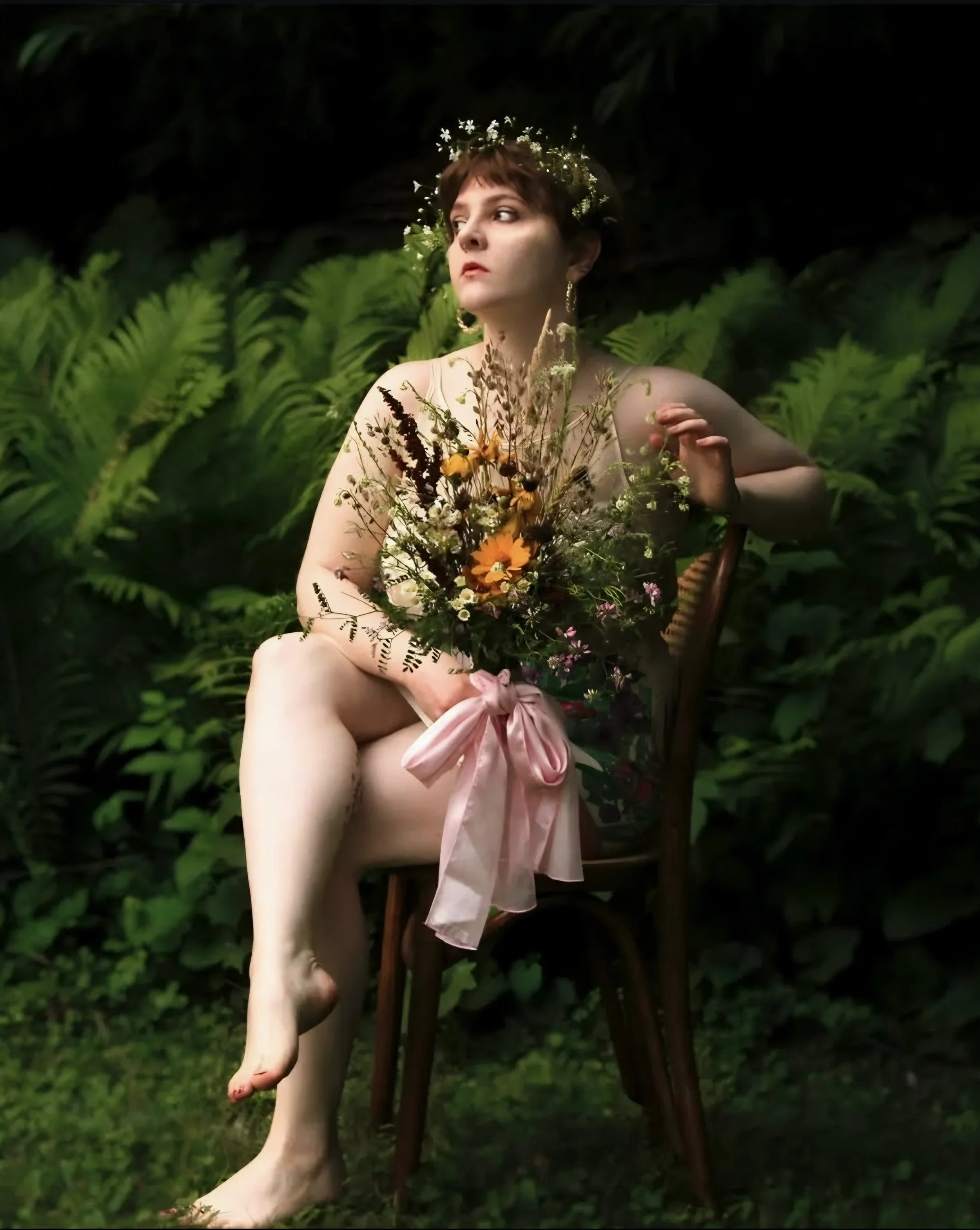 A woman with a nude slip dress sitting on a wooden chair outdoors, holding a large bouquet of flowers, with a floral crown on their head and surrounded by lush green foliage.