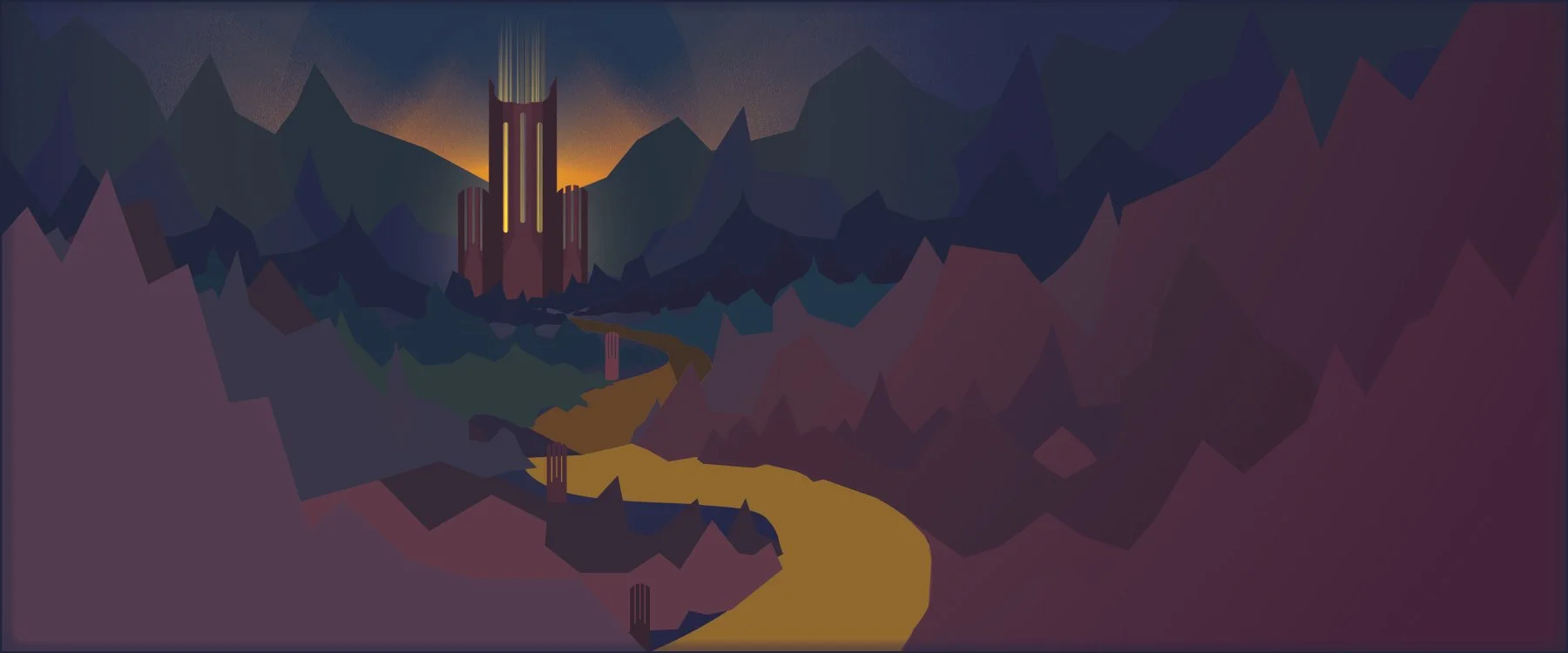 A digital art depiction of a landscape with a winding yellow path through purple mountains toward a castle-like structure with tall spires, set against a dark mountain range under a sunset sky.