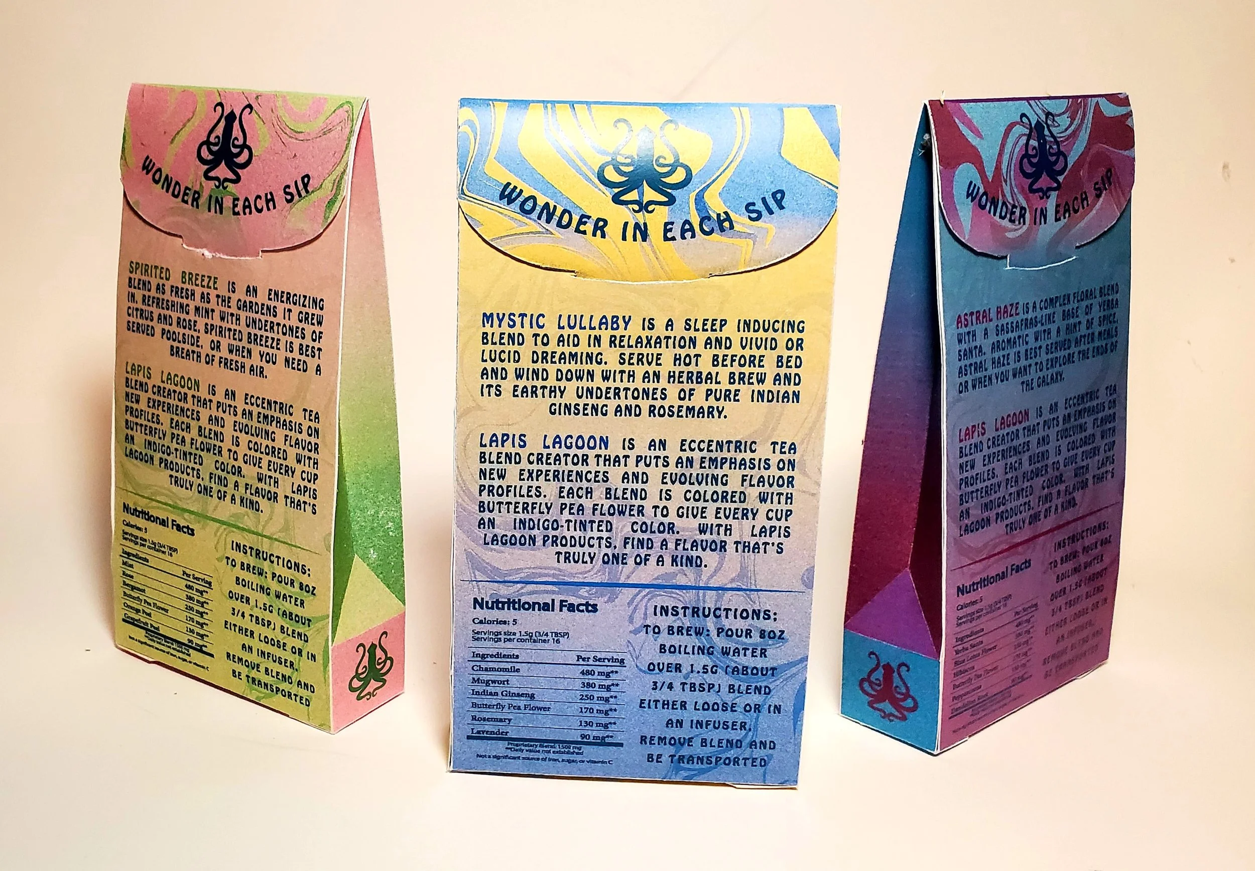 Three colorful tea boxes with the label "Wonder in Each Sip," each with a description of different tea blends and ingredients.