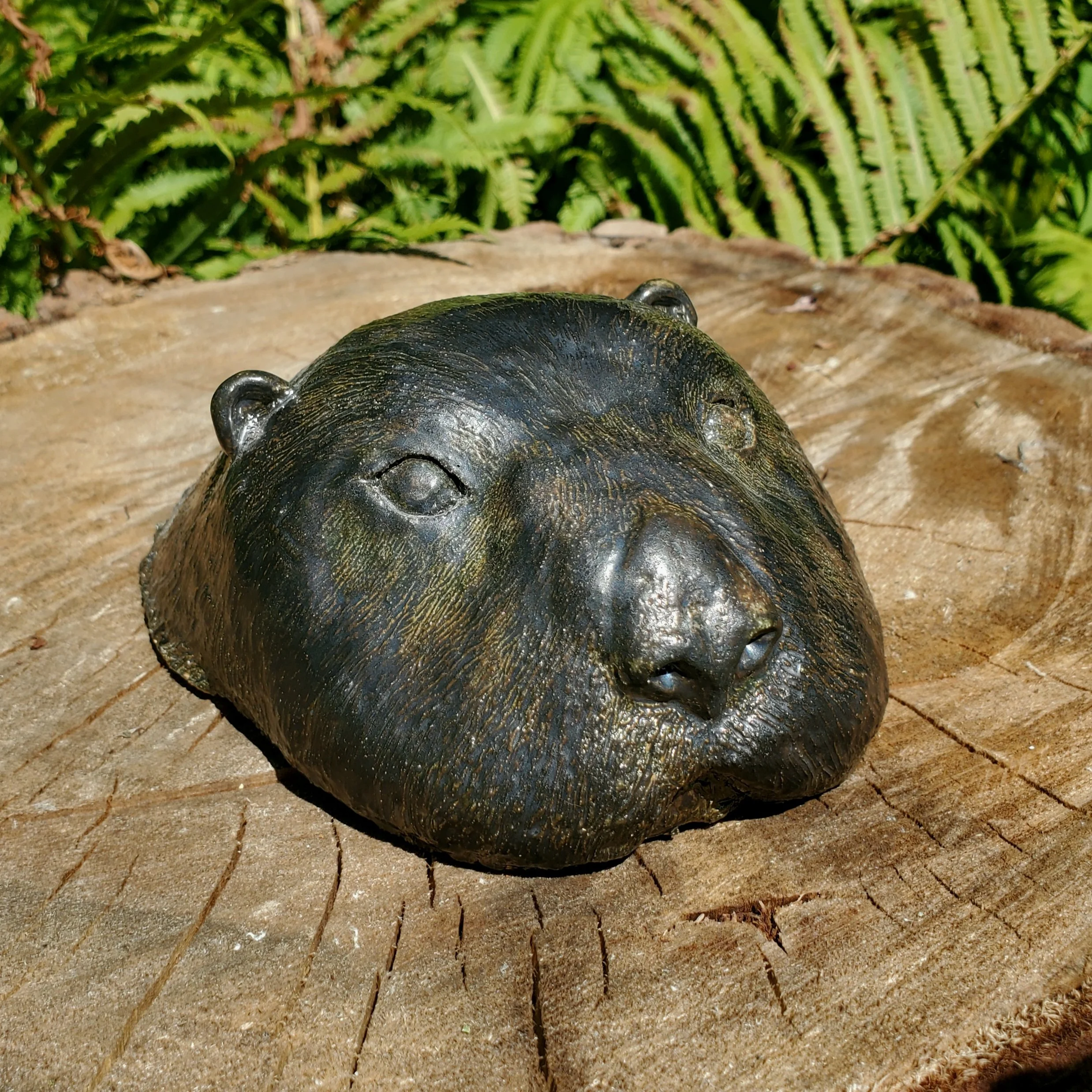 A metallic otter bust with a realistic facial expression resting on a tree stump, surrounded by green plants and ferns.