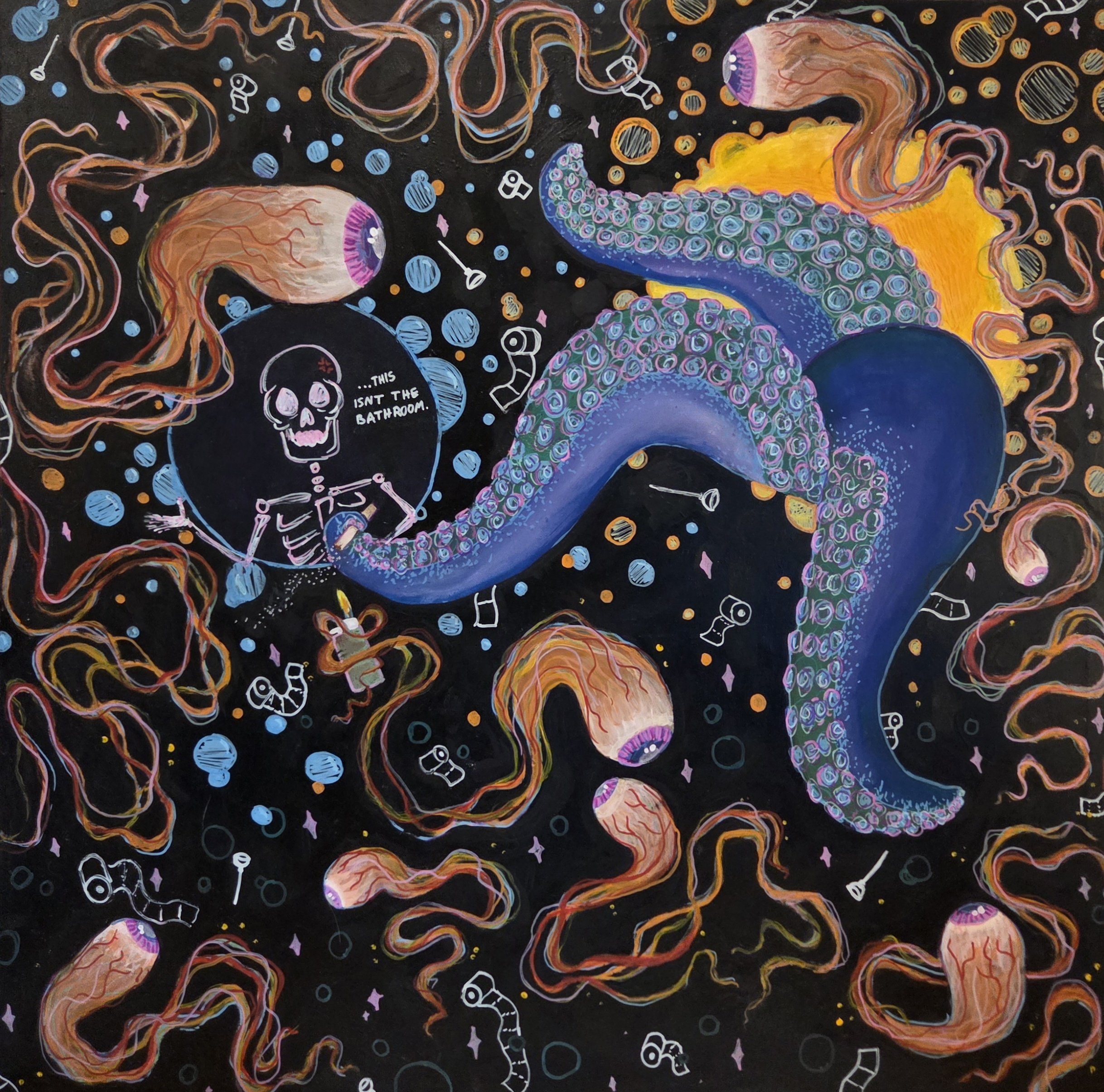 A cosmic scene with a large, multicolored tentacle, floating eyeballs, skulls, and miscellaneous objects like toilet paper and plungers, set against a black background with swirling lines and dots, with a skeleton saying, 'This isn't the bathroom.'