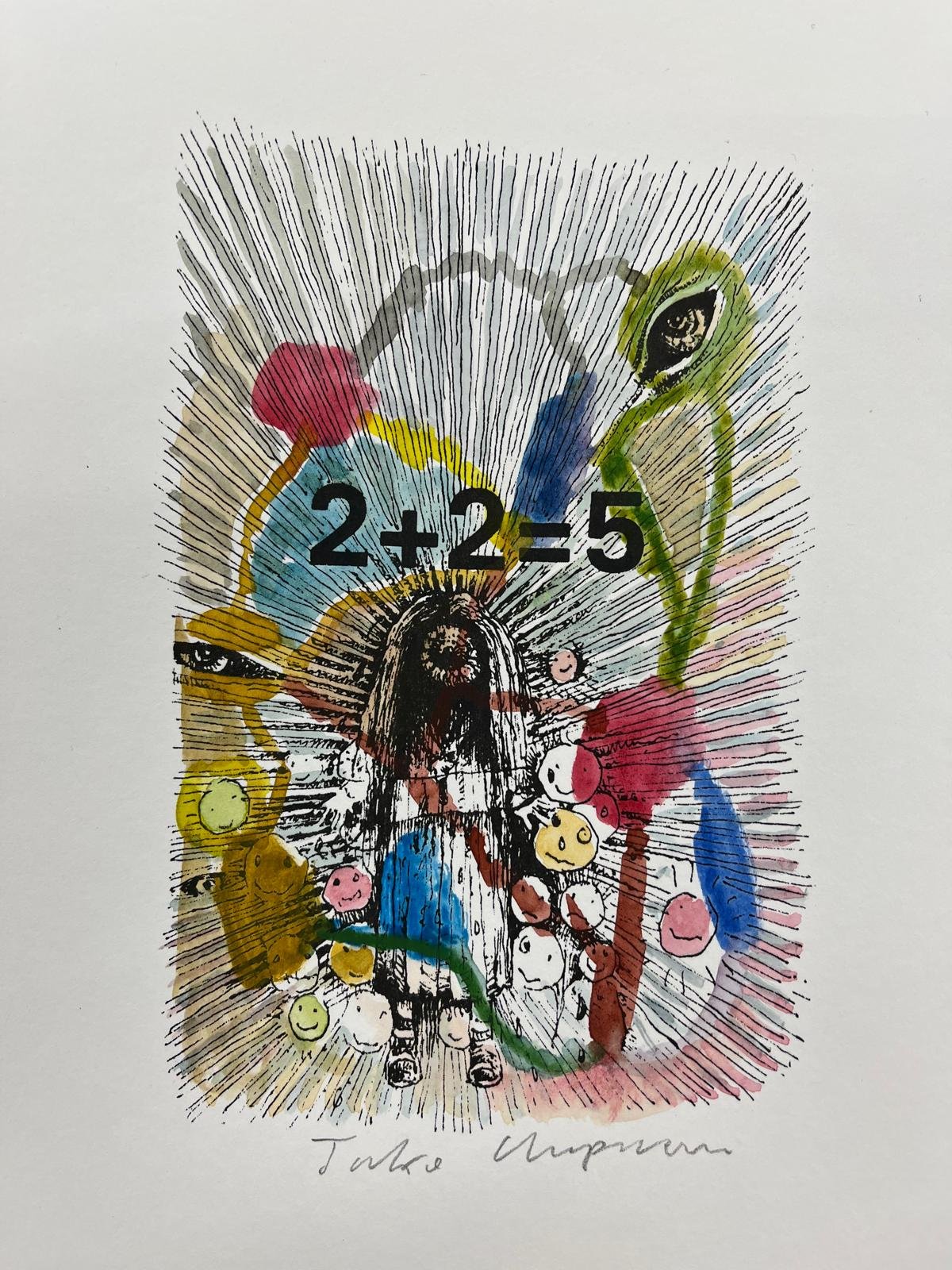 A colorful, abstract drawing of a girl with long hair and dress surrounded by various cartoonish and whimsical faces, shapes, and patterns, with the mathematical equation 2+2=5 in the center, and signatures at the bottom.