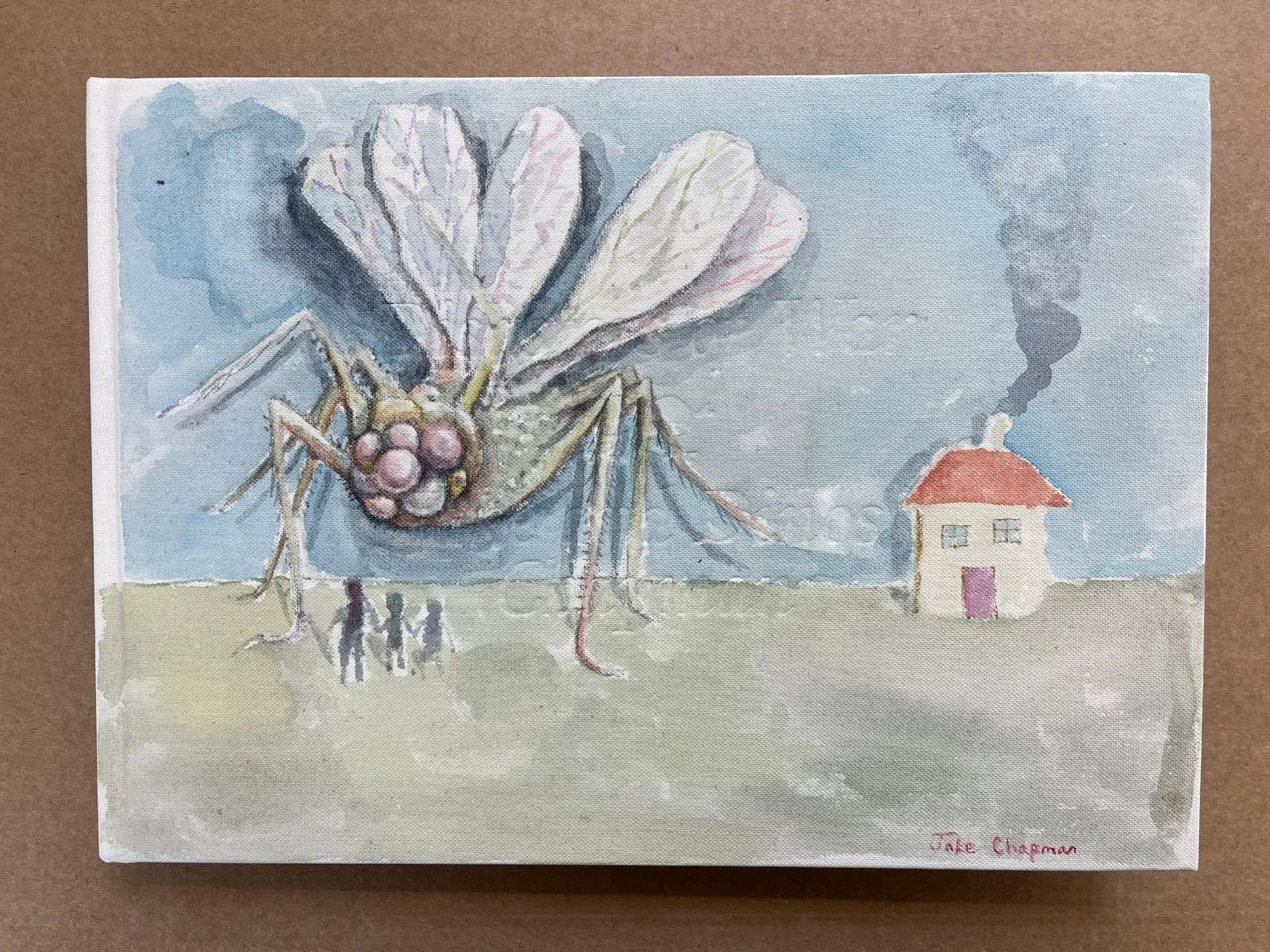 Watercolor painting of a giant spider with leaf wings and a bulbous body, holding three human figures in its legs, with a small house emitting black smoke in the background and a blue sky.