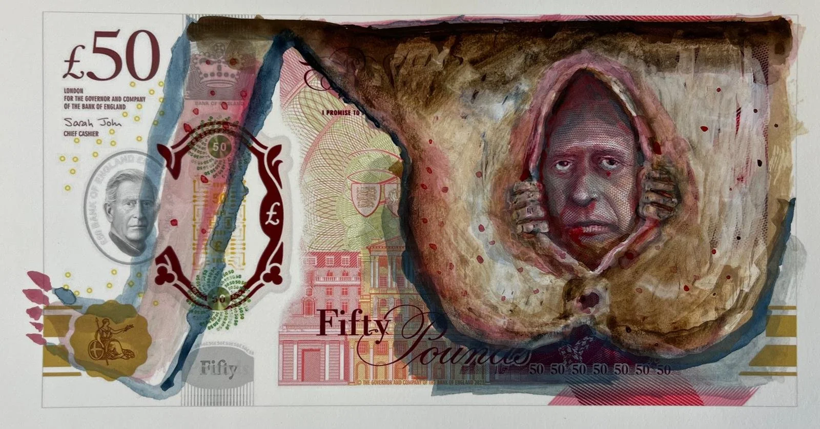 Artwork combining a 50-pound British banknote with a painted carved face emerging from a nut. The banknote features a portrait of Queen Elizabeth II and the number 50, with painted and digital art elements overlaying the note.