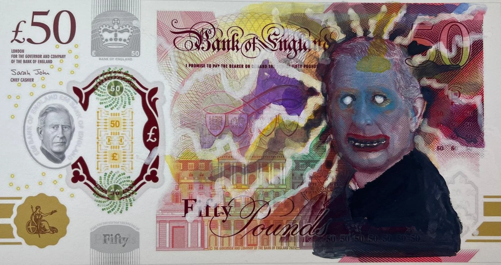 An edited fifty-pound banknote featuring artwork and illustrations, including a deranged clown face with white eyes and a distorted expression, overlaid on traditional banknote design elements like the royal portrait of Queen Elizabeth II, the Bank o
