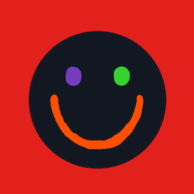 A black circle with a smiling face, featuring purple and green eyes and an orange curved mouth, on a red background.