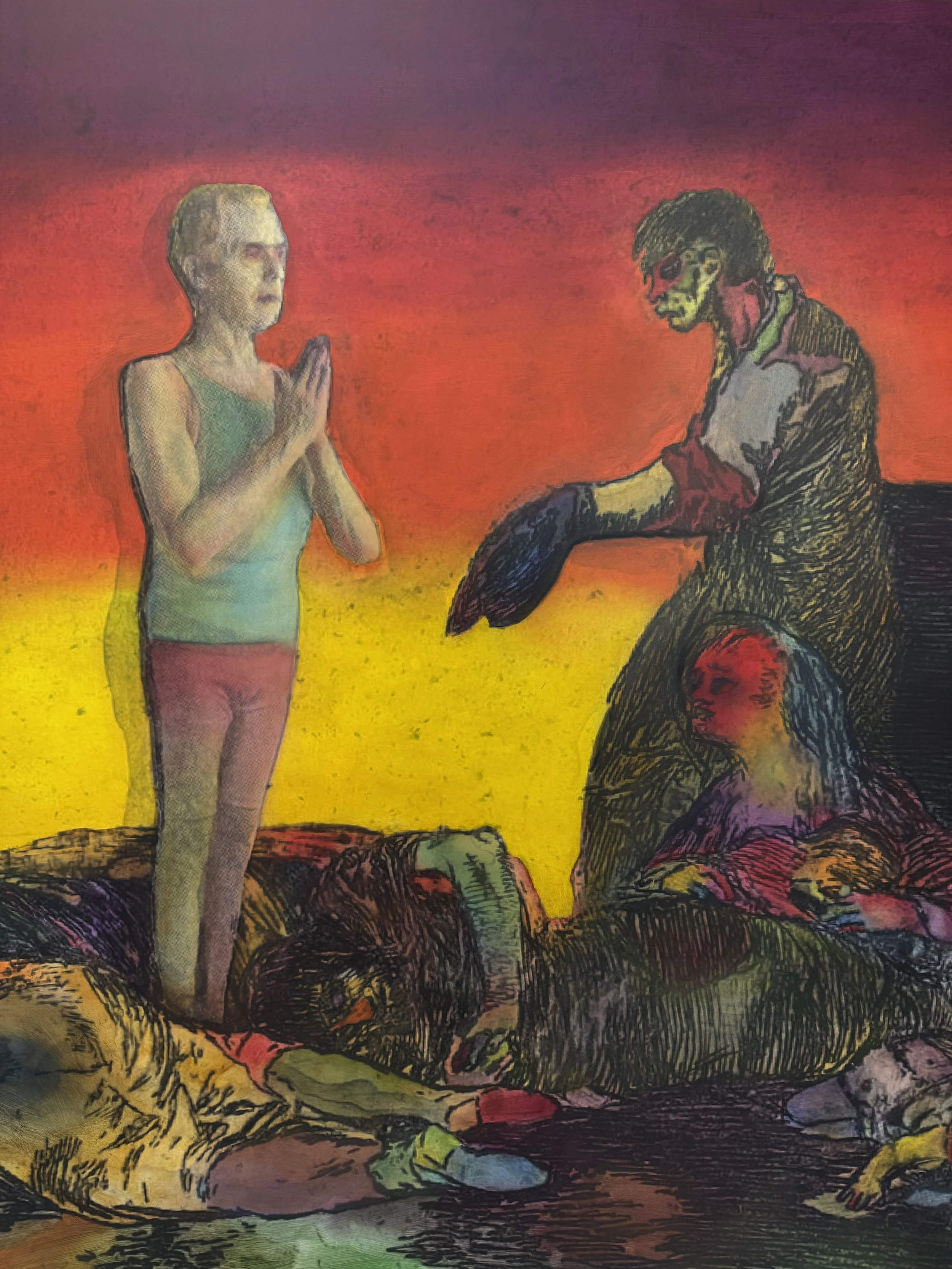 A digitally edited image of a naive painting style depicting a young boy with hands pressed together in a prayer position, standing in front of a scene resembling a recent tragic event involving multiple children lying on the ground with fallen adult