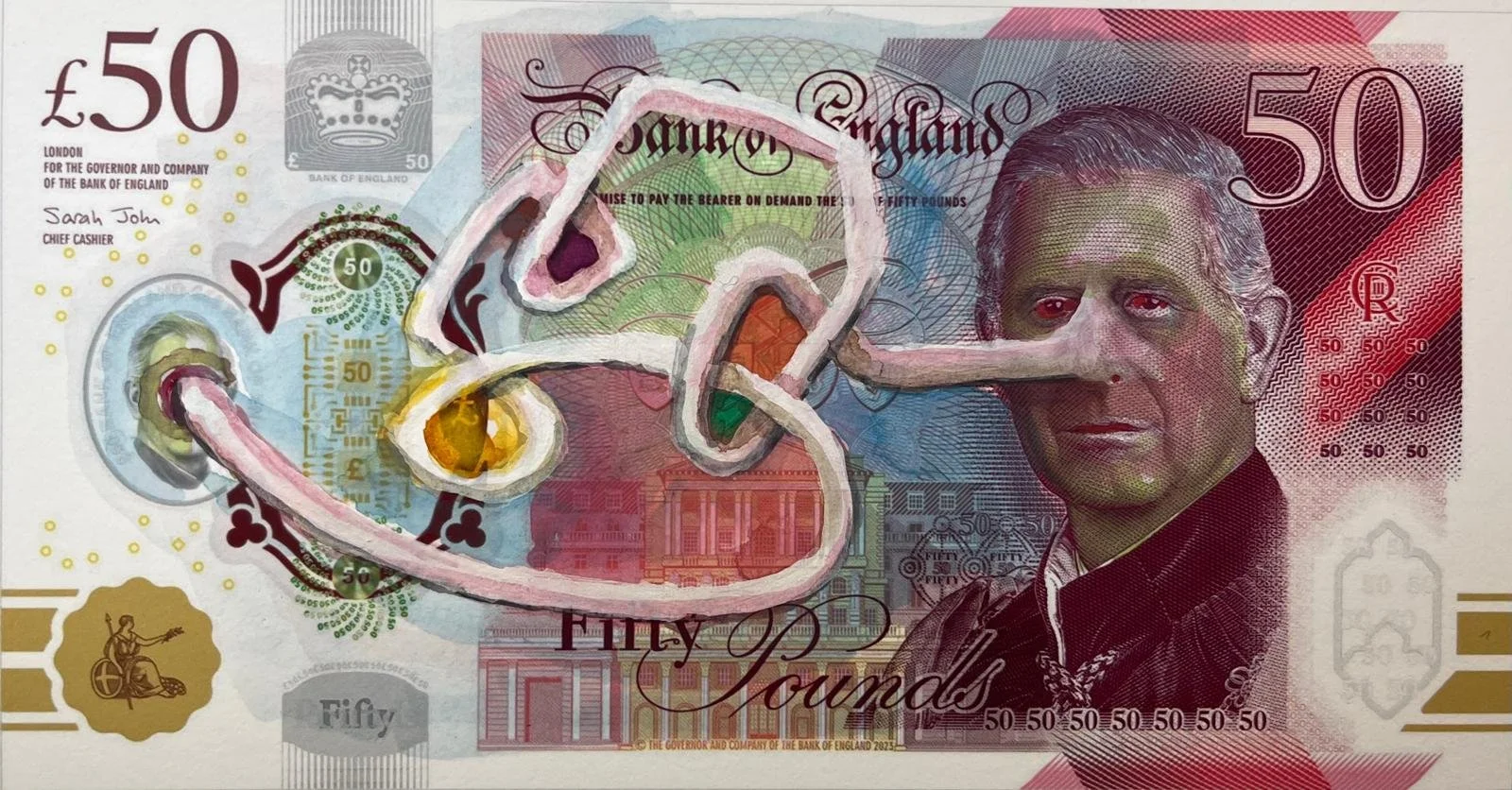A modified 50-pound banknote with a drawn illustration of a face with a nose and mouth coming out of the person's eye and a hand emerging from the mouth, with the person’s face on the right side of the note.